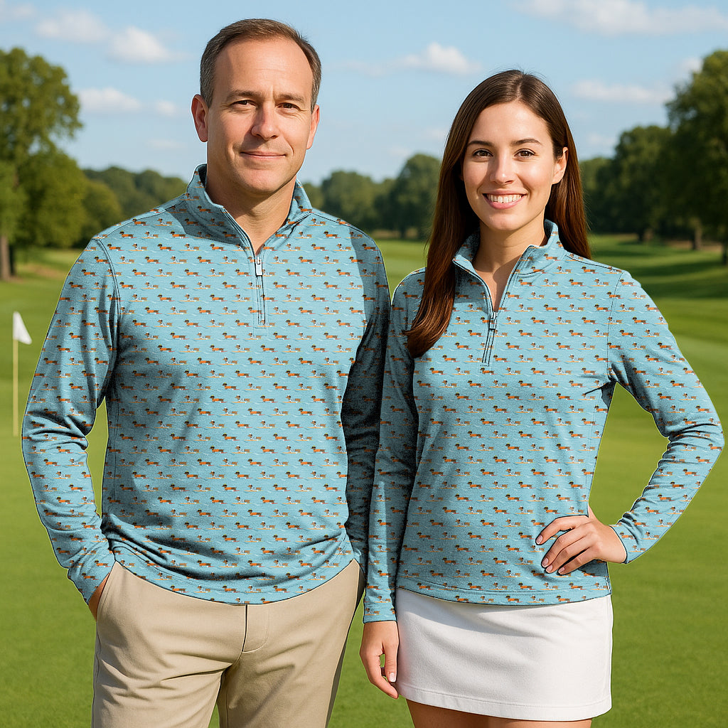 Dachshund Surfing Couple Golf Active 3/4 Zip Top