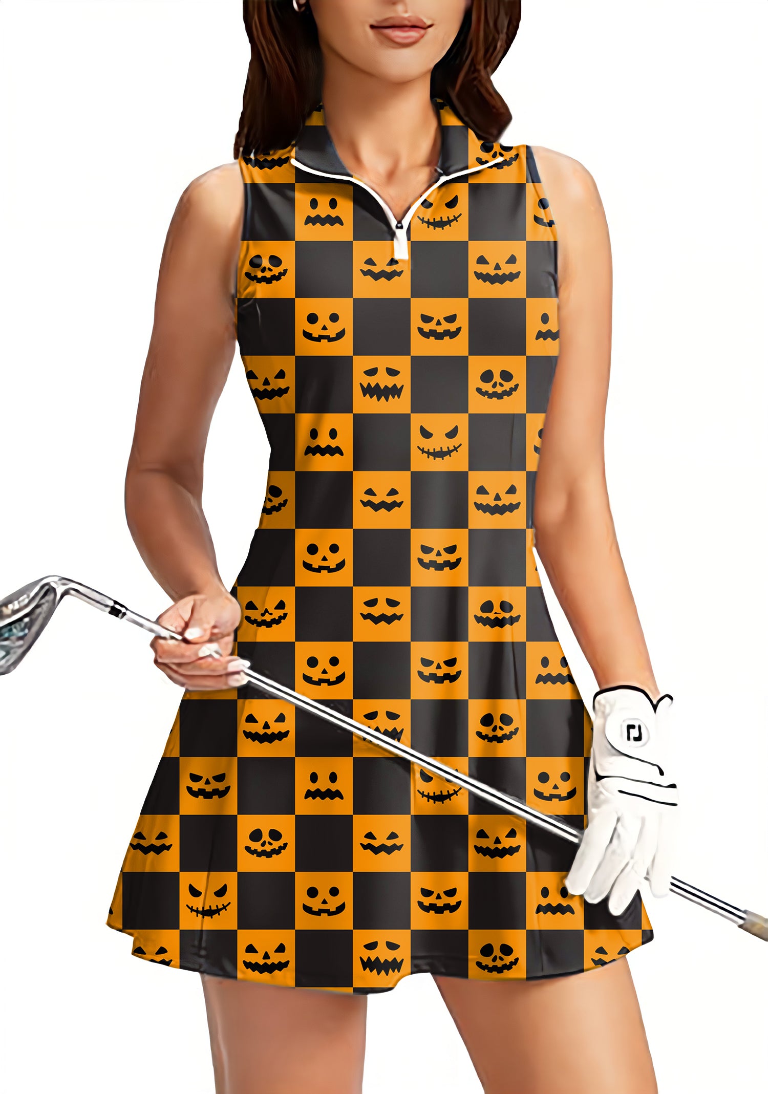 Halloween black and yellow checkerboard pumpkin Women's Golf Sleeveless Zipper Dresses Comes With Separate Matching Shorts