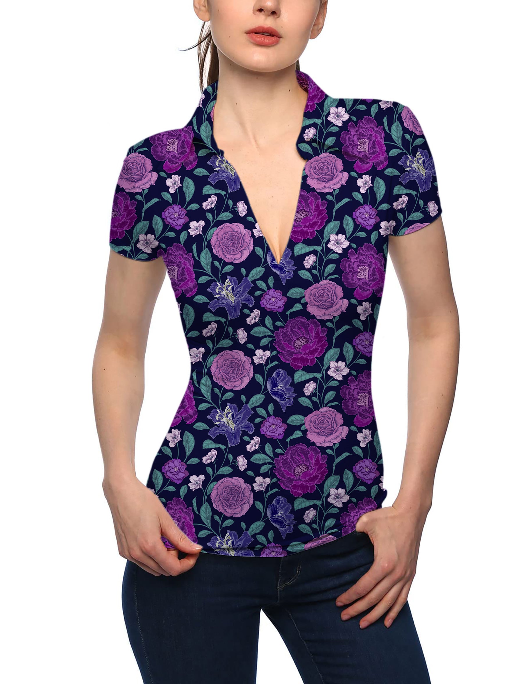 Women's Purple Floral V Neck Golf Polo