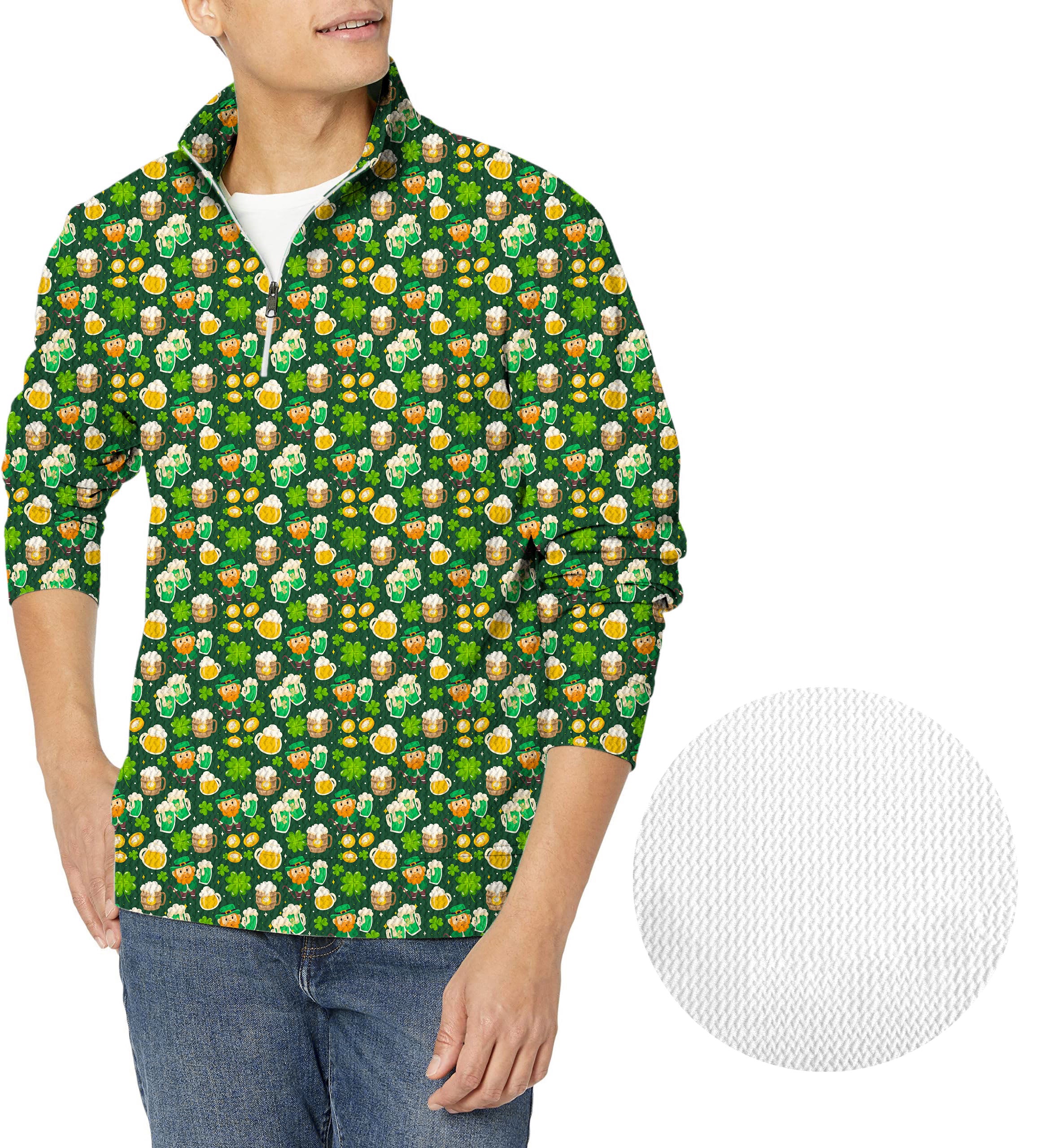 Green beer clover leaf St. Patrick's Day-Men's Golf Waffle Zipper Pullover