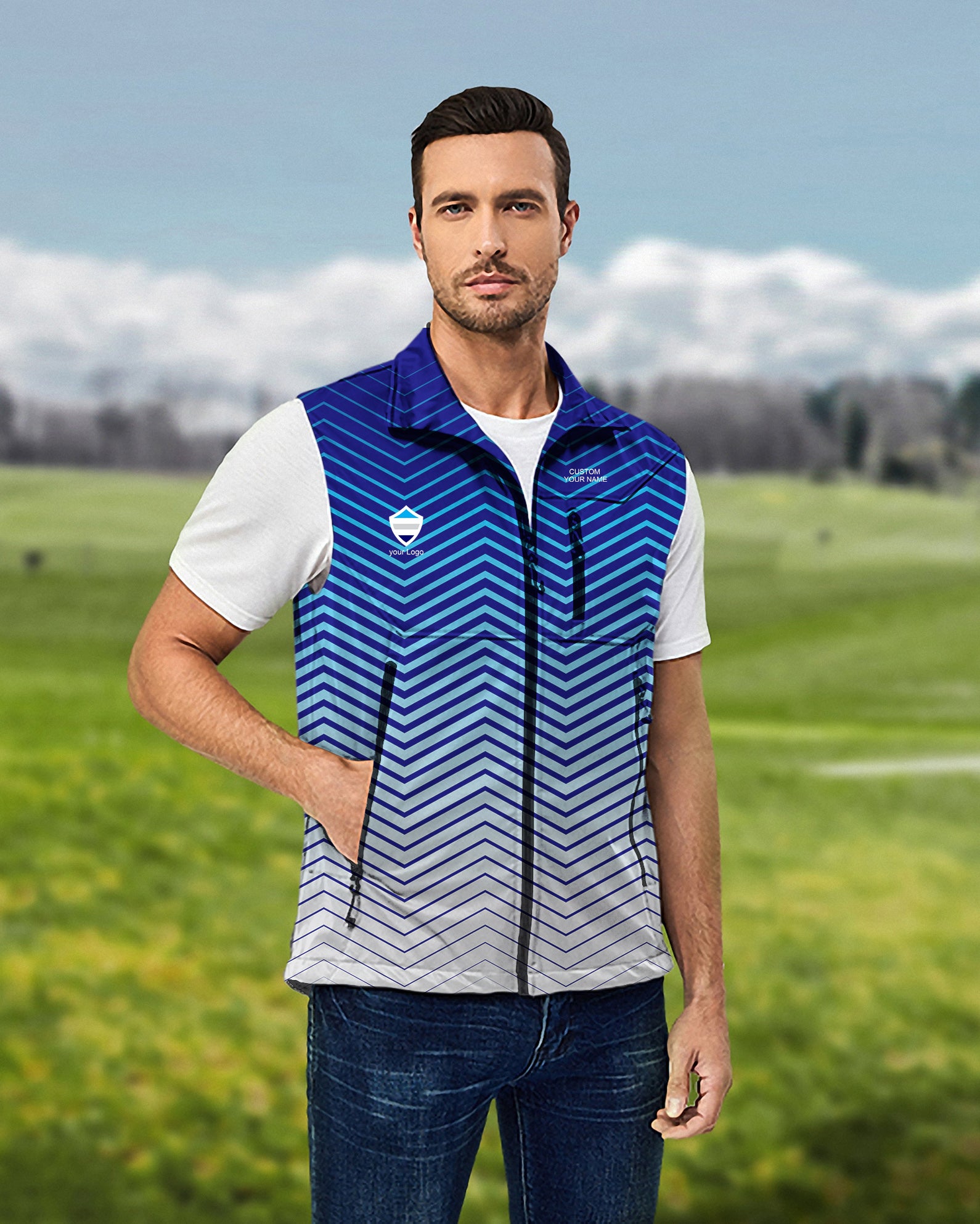 Men's blue white sport Team Lightweight Softshell Vest Sleeveless Jacket for Golf Windproof Waterproof