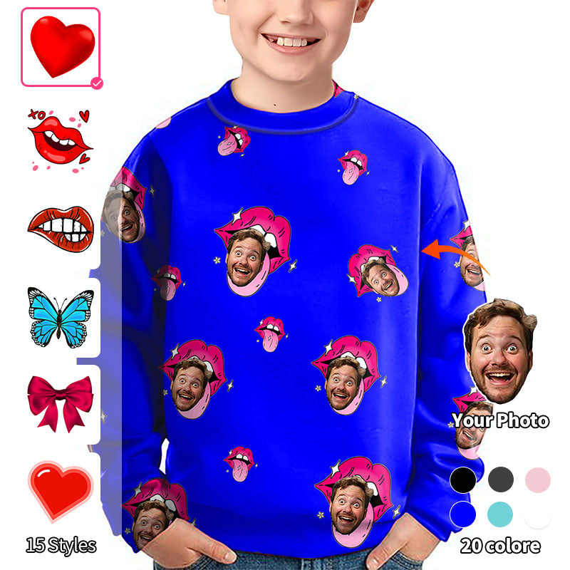 Valentine's Day Custom Photo Face Custom Color Royal Love Crewneck Pullover Kids Ugly Sweater