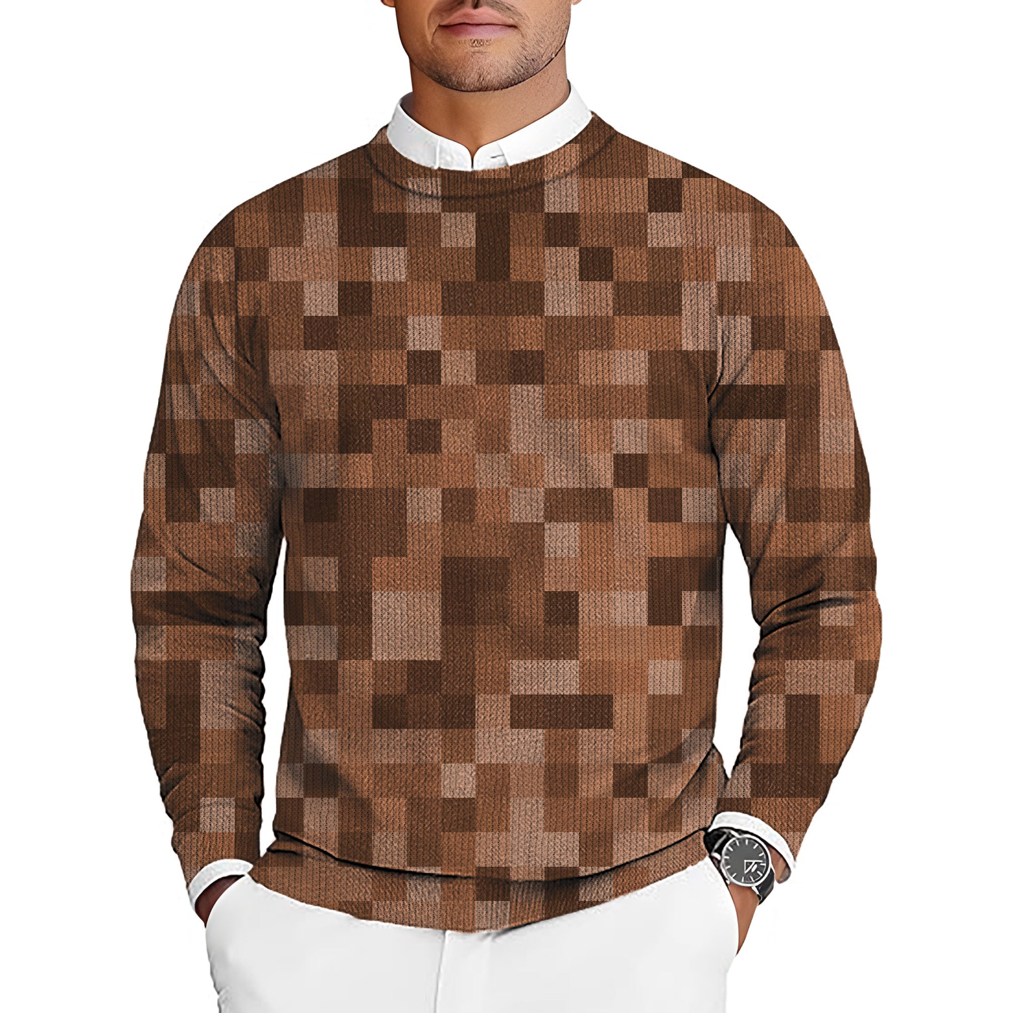 Brown Pixel Big Men's Golf Crewneck Pullover Sweaters Ugly Sweater