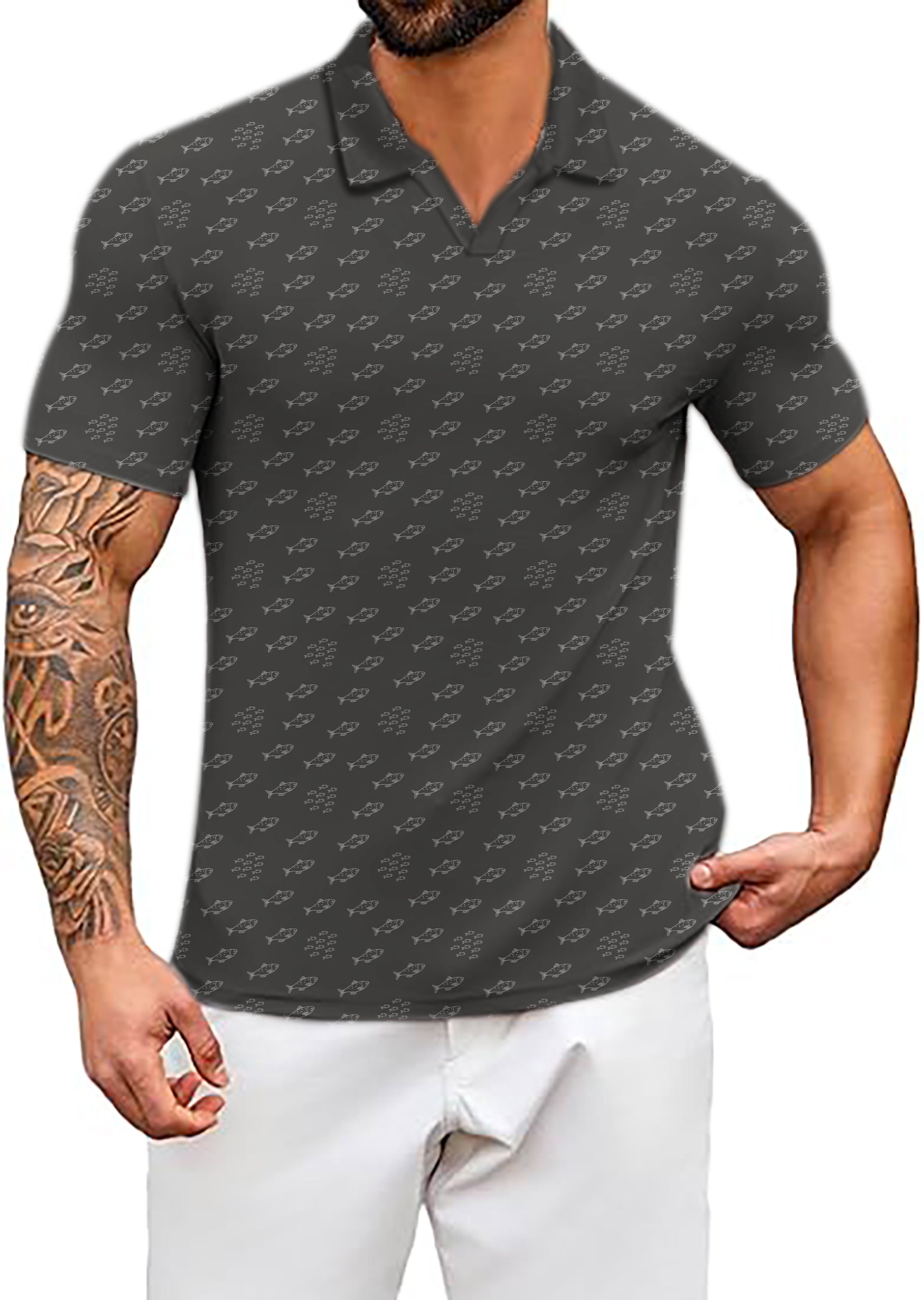 Men's Minimal Fish Sketch V Neck Golf Polo Shirts