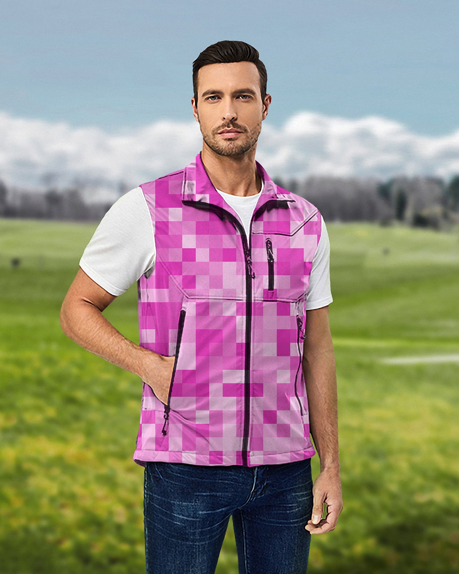 Men's Rose Red Pixel Big Lightweight Softshell Vest Sleeveless Jacket for Golf Windproof Waterproof
