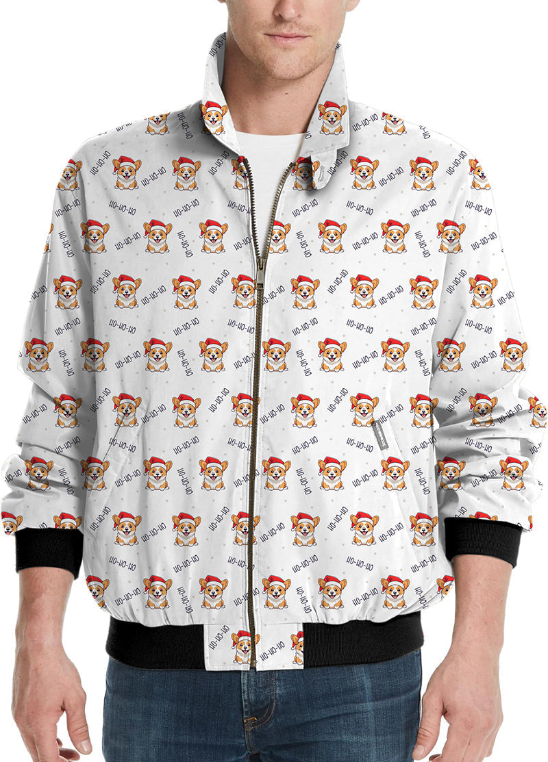 Christmas Corgi men's golf windbreaker jacket with festive corgi print and black cuffs