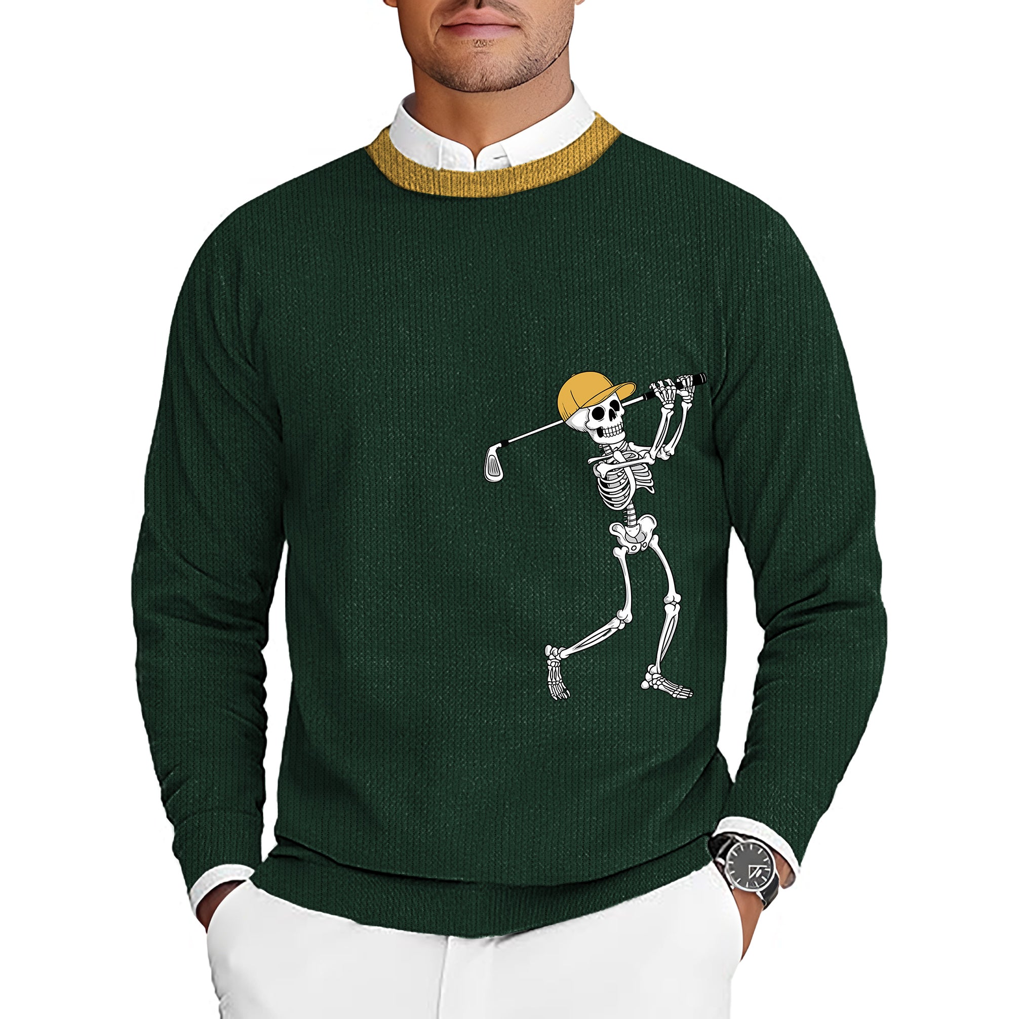 Yellow Green Halloween Skeleton Golf Men's Golf Crewneck Pullover Sweaters Ugly Sweater
