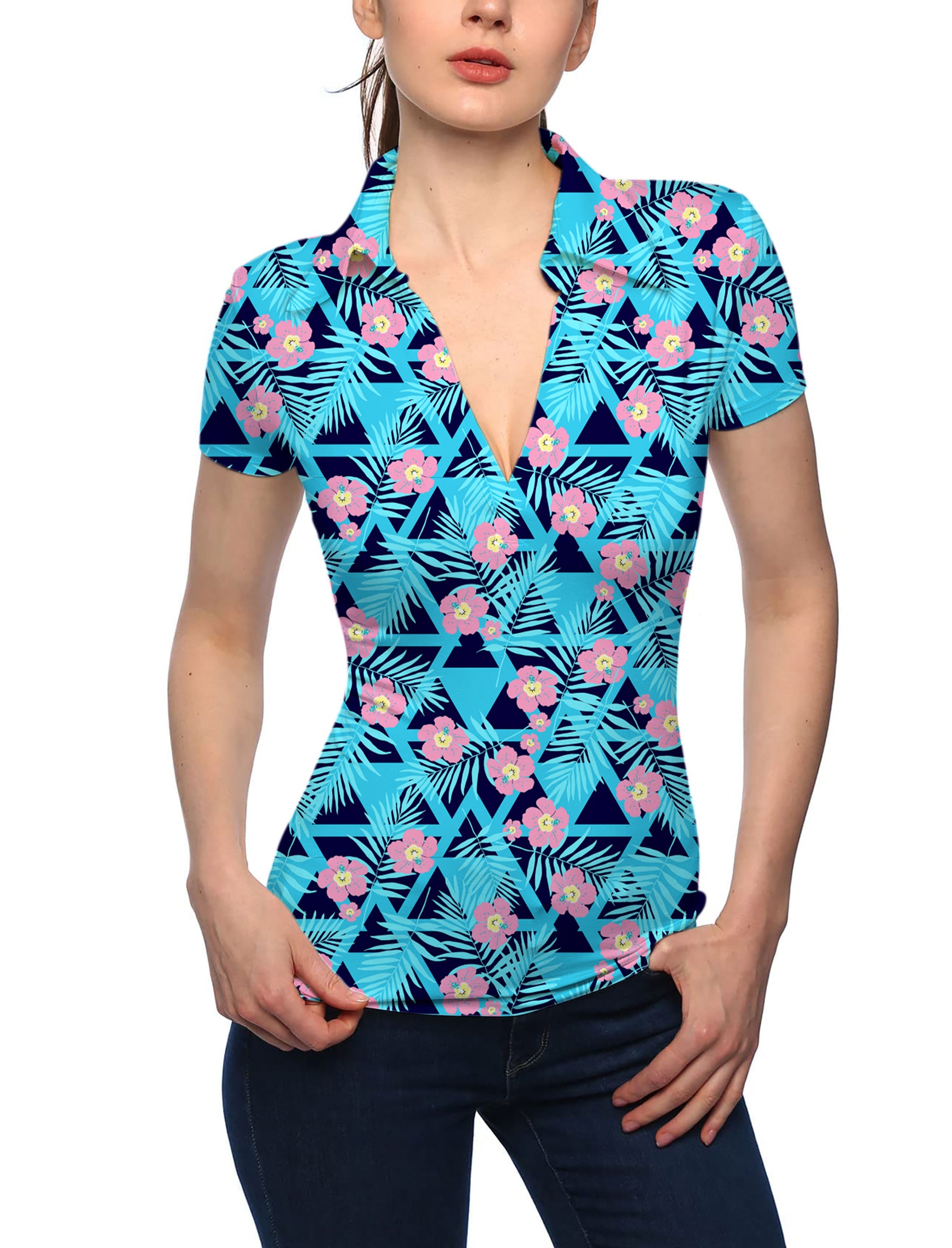 Women's Tropical Bloom V Neck Golf Polo
