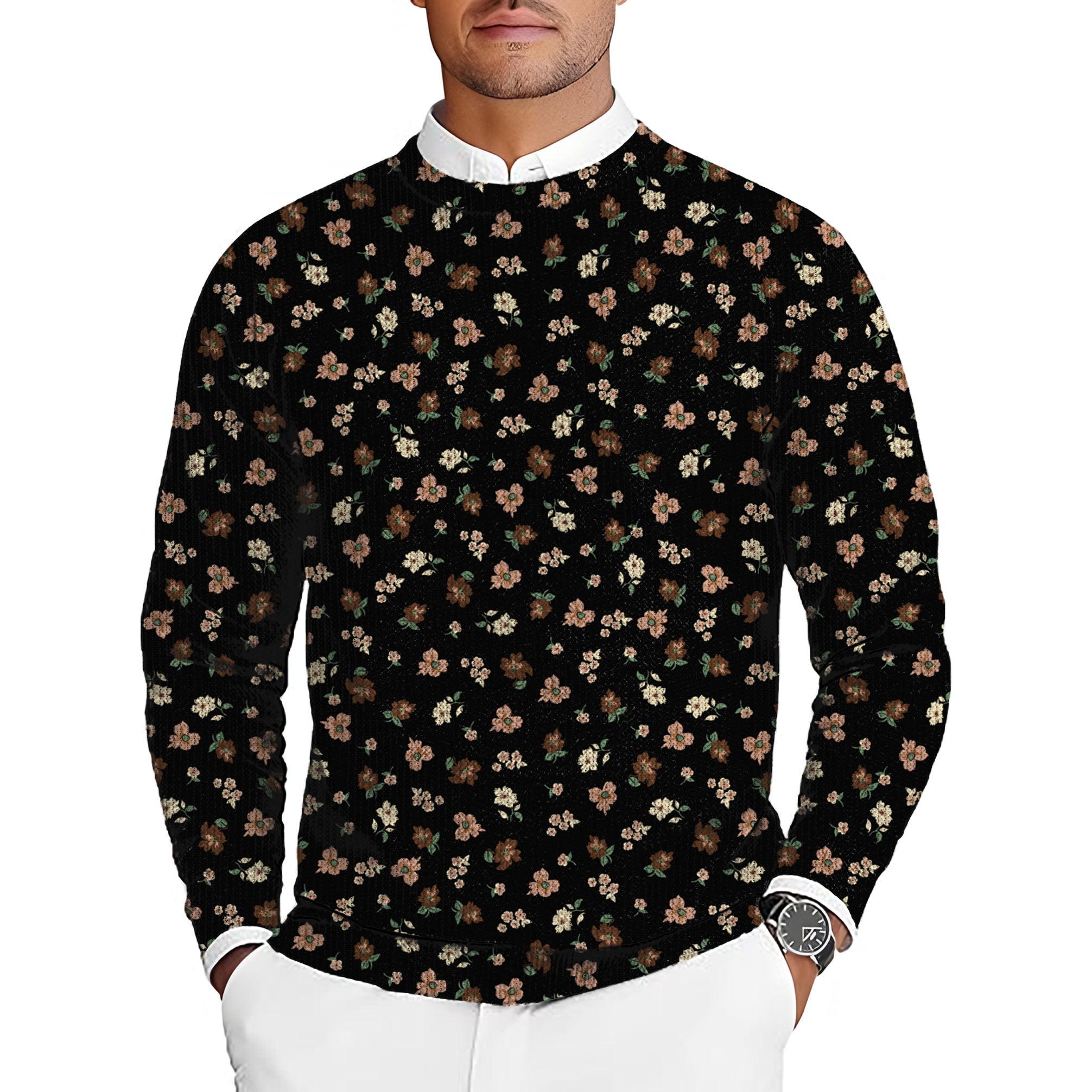 black flower men's golf crewneck pullover sweater with floral pattern