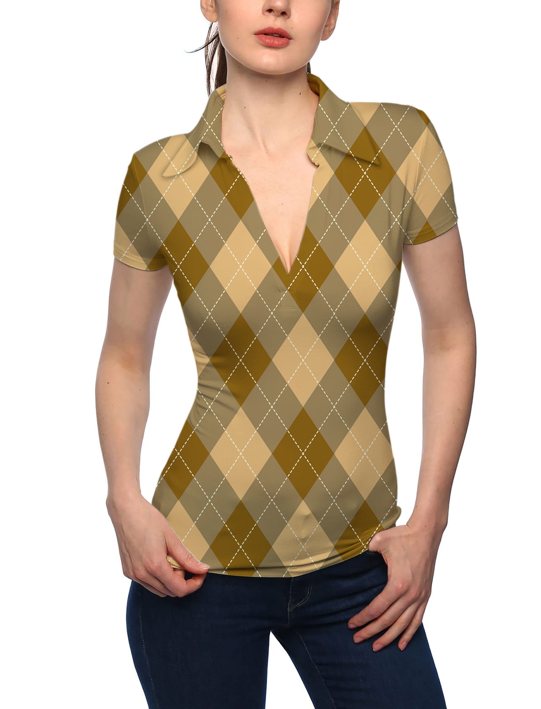 Women's brown Argyle V Neck Golf Polo