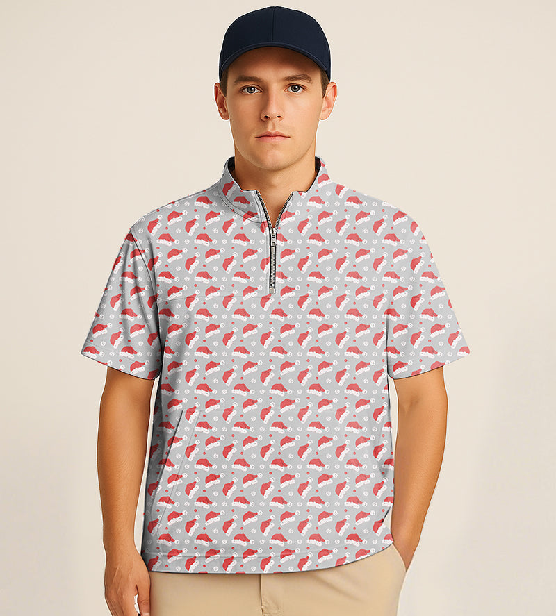 Men's half zipper turtleneck golf shirt with Christmas pompom hat embroidery and short sleeves
