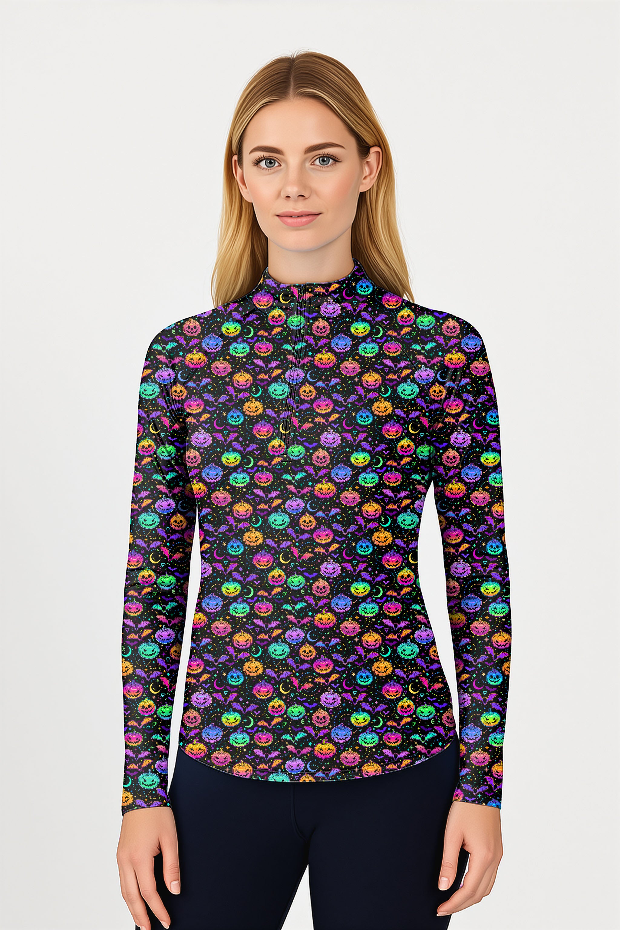 Neon Halloween Pumpkin  Women's Golf Active 3/4 Zip Top