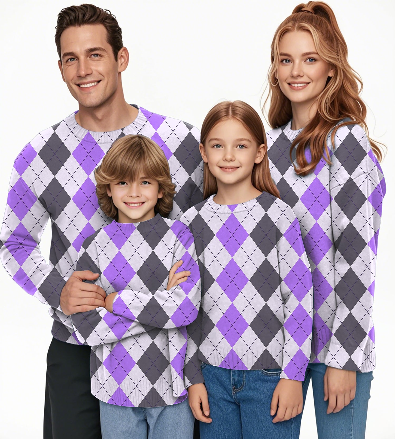 Purple grey Argyle Crewneck Pullover Ugly Sweater Men Women boy girl family