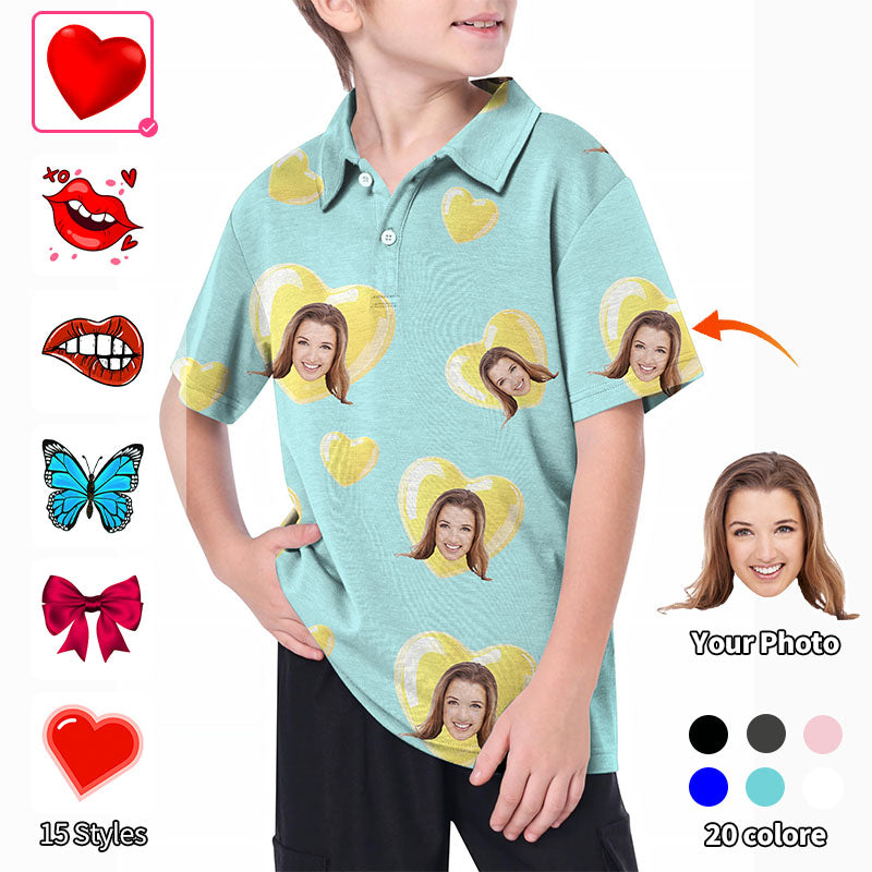 Valentine's Day Youth Custom Photo Face Custom Color Green Blue Love Golf Polo