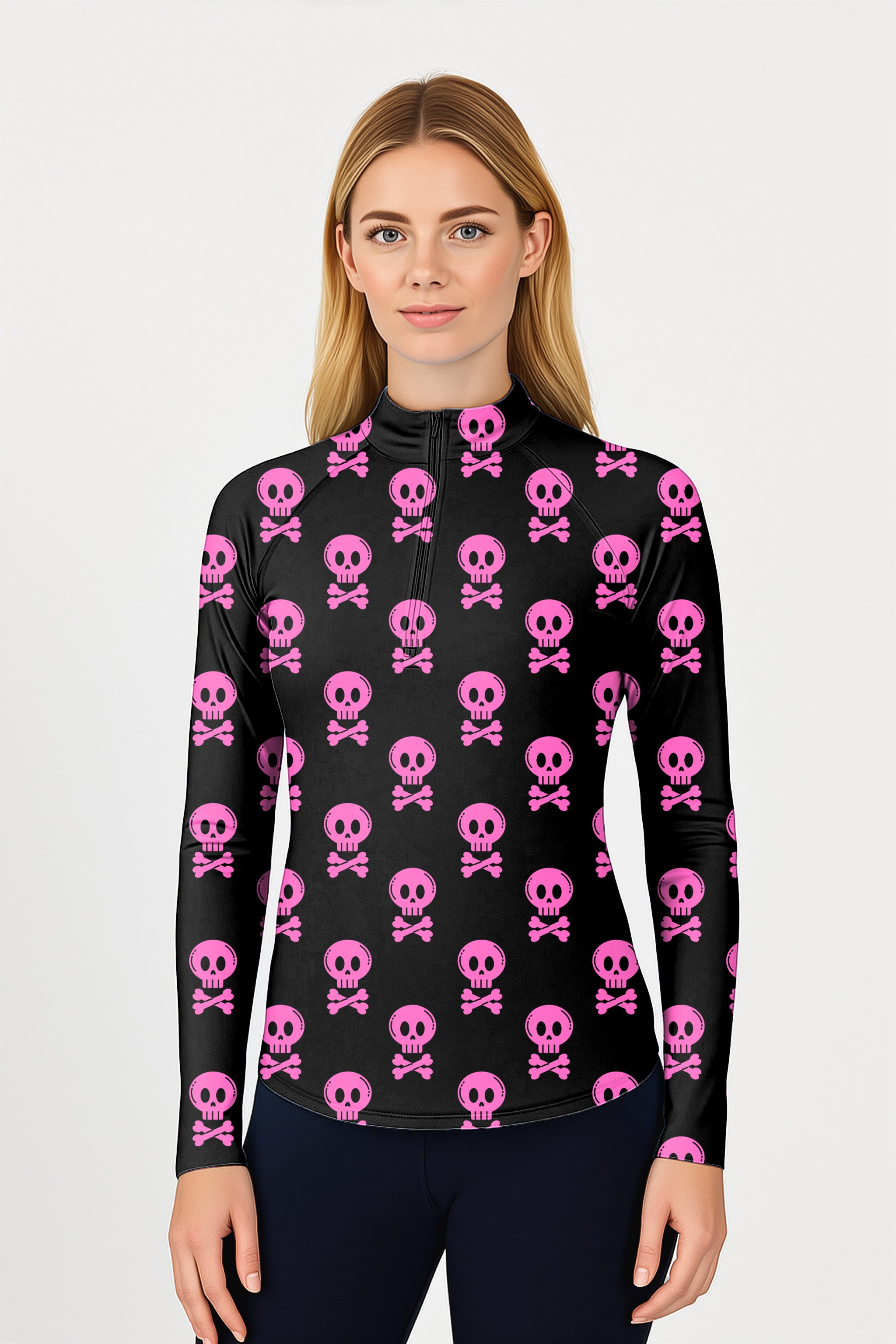 Halloween Punk Skull Women's Golf Active 3/4 Zipper Top Long Sleeves