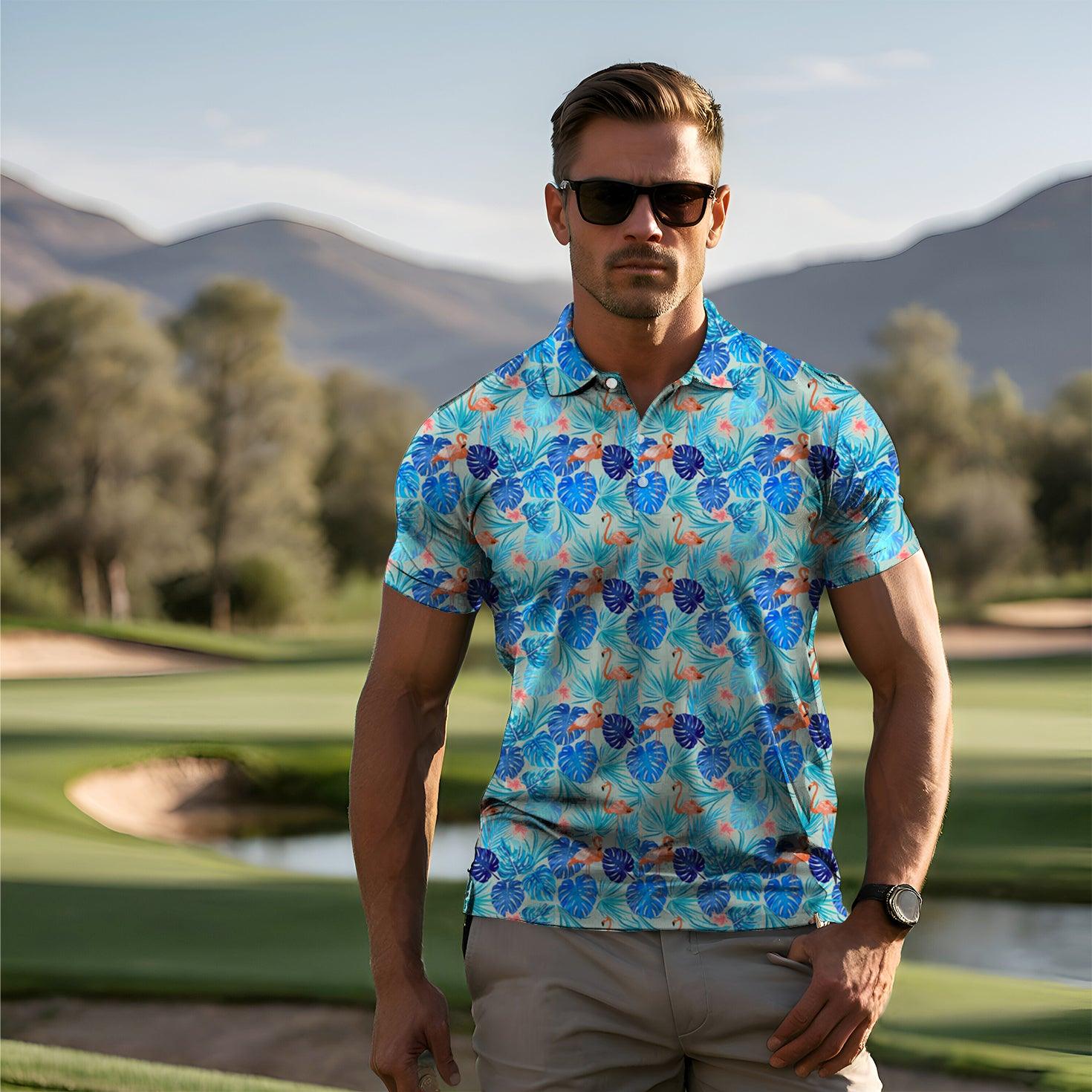 Men's golf Blue tropical flower flamingo polo