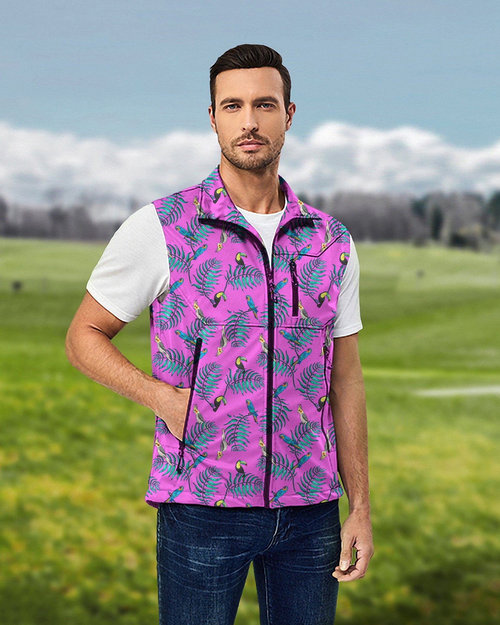 Men's Tropical Oasis Lightweight Softshell Vest Sleeveless Jacket for Golf Windproof Waterproof