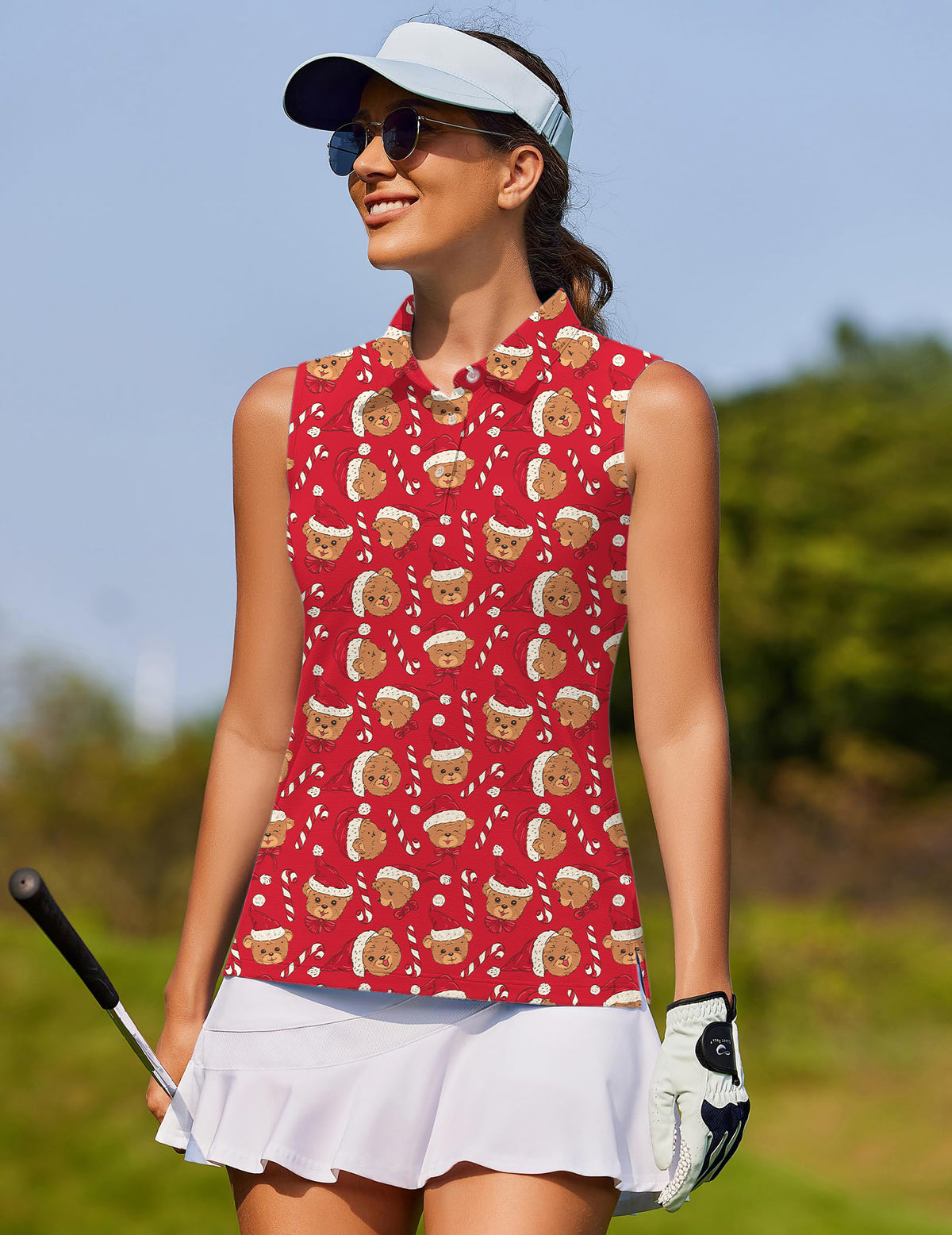 Red Christmas Teddy Bear Women's golf Sleeveless shirt