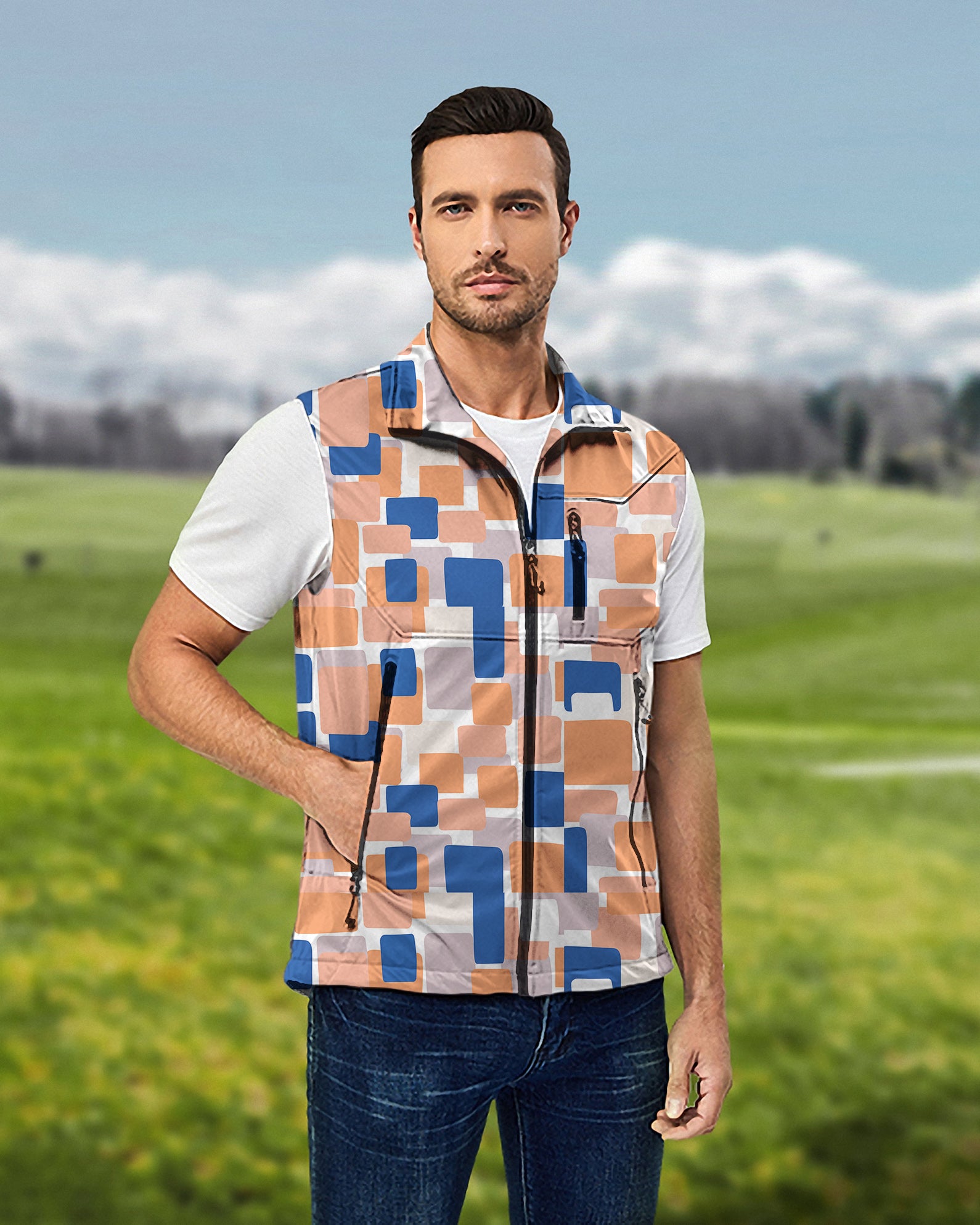 Men's Mosaic Lightweight Softshell Vest Sleeveless Jacket for Golf Windproof Waterproof