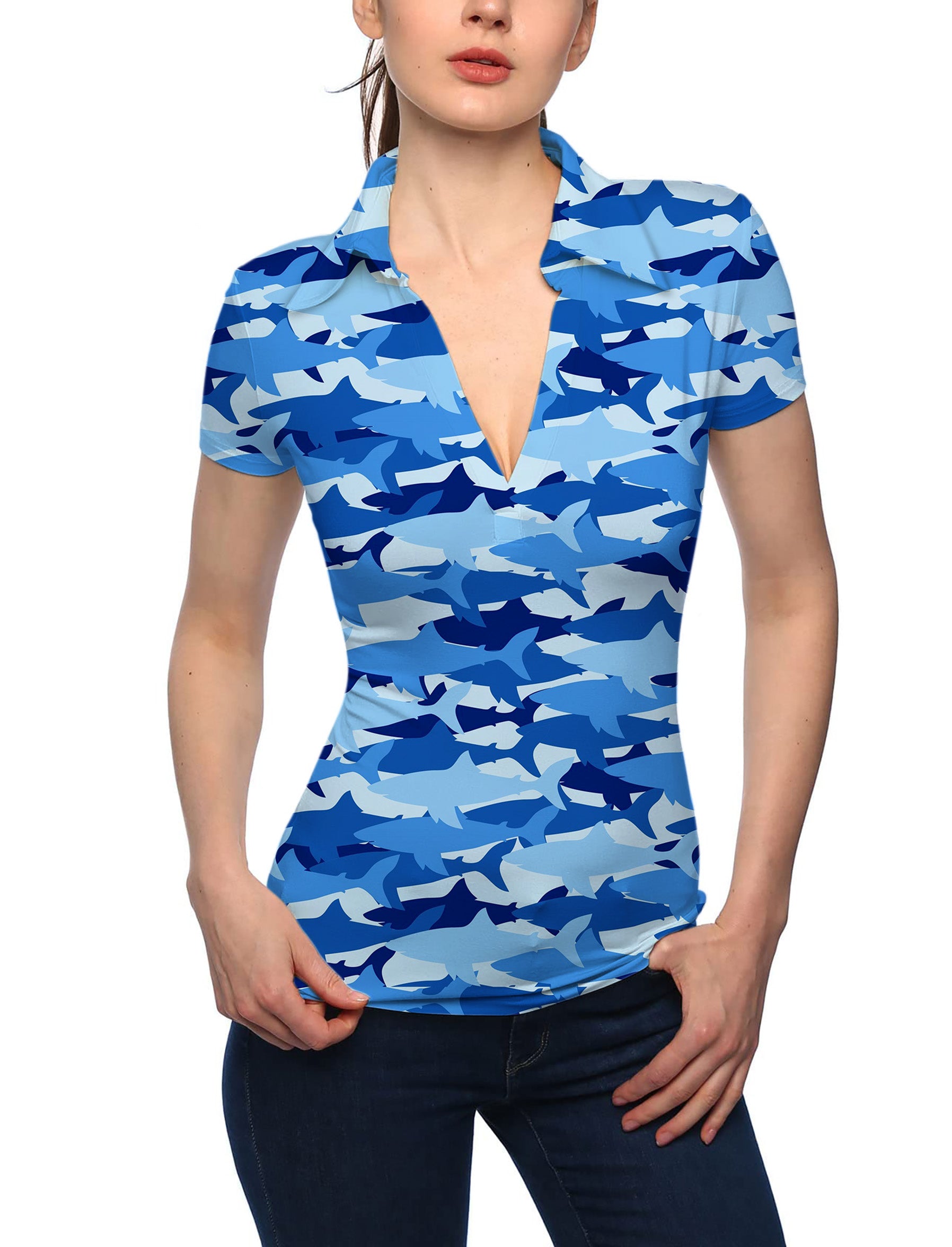 Women's Shark Camo V Neck Golf Polo