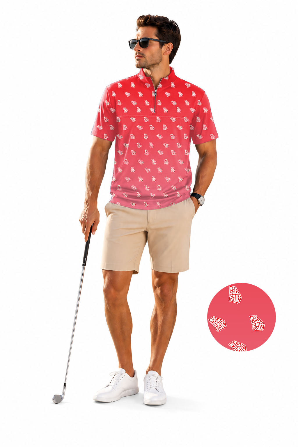 Men's Short Sleeve Quarter Zip Golf Pullover Red Georgia Embroidery