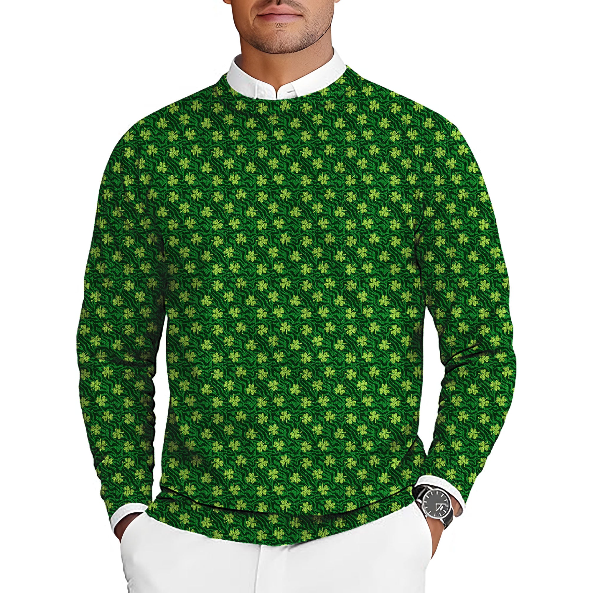 Leaf clover Green zebra St. Patrick's Day Men's Golf Crewneck Pullover Sweaters Ugly Sweater