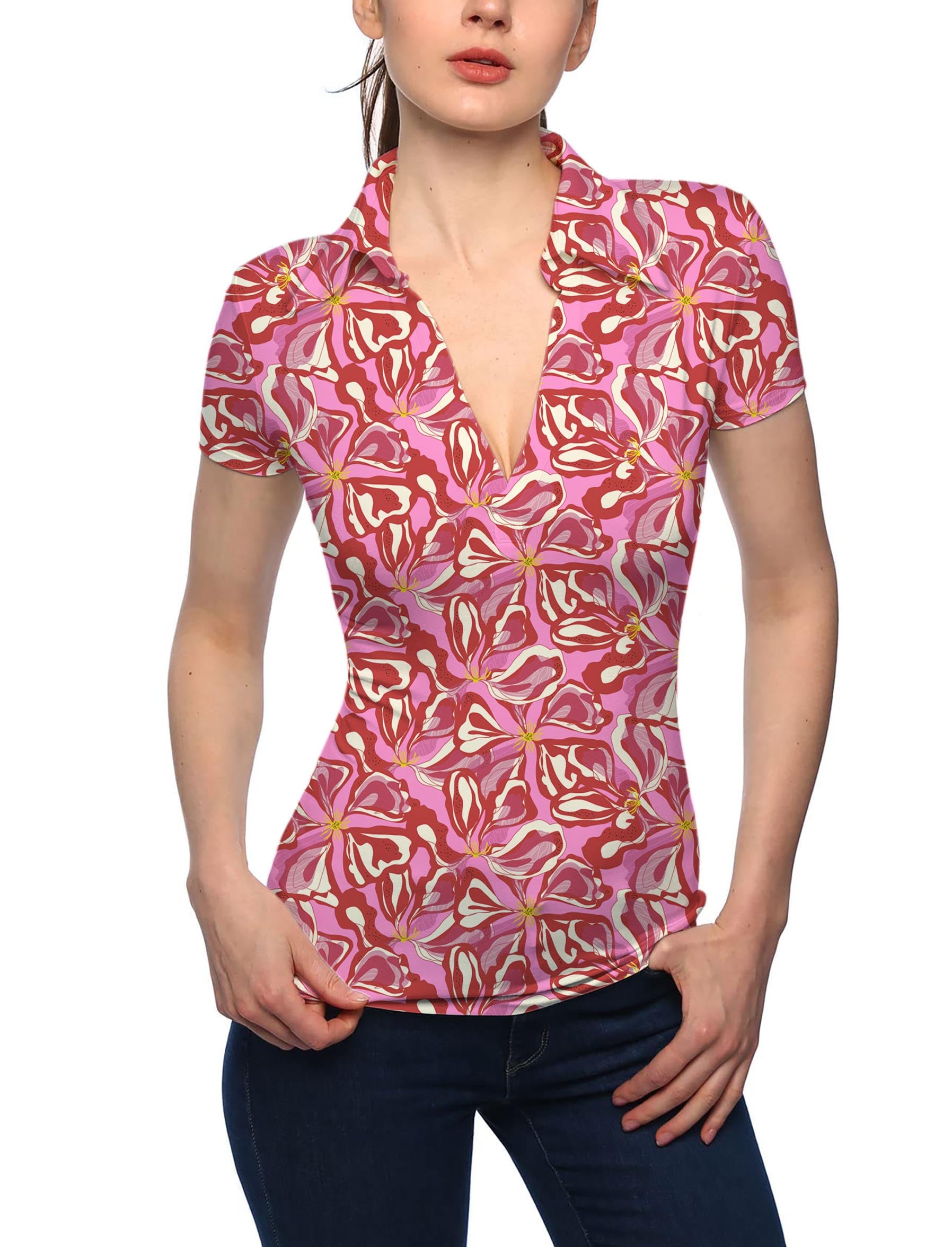 Women's Sunset Blossom V Neck Golf Polo