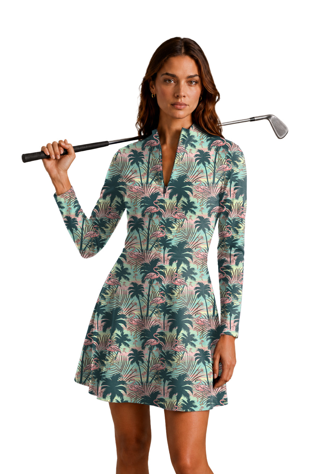 Dazed Flamingo Women's Golf Long Sleeve Zipper Dresses Comes with separate matching shorts