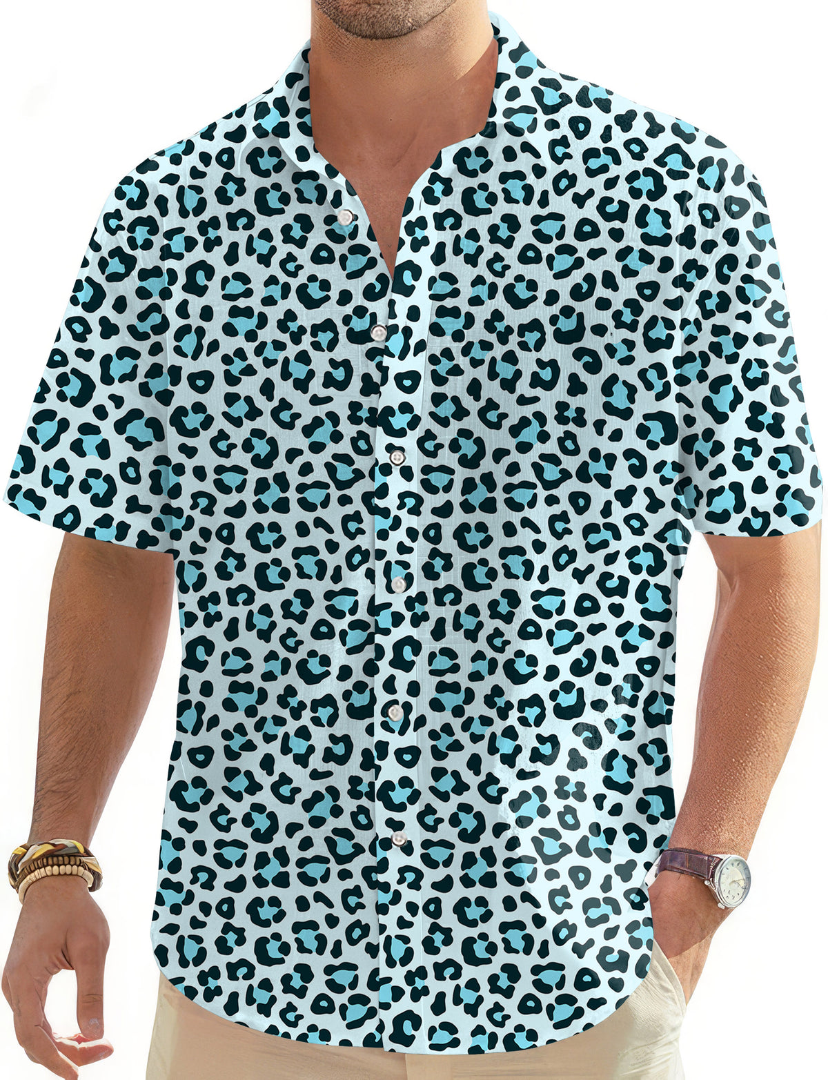 Blue leopard print Men's Golf Hawaiian Shirts Button Down Shirt