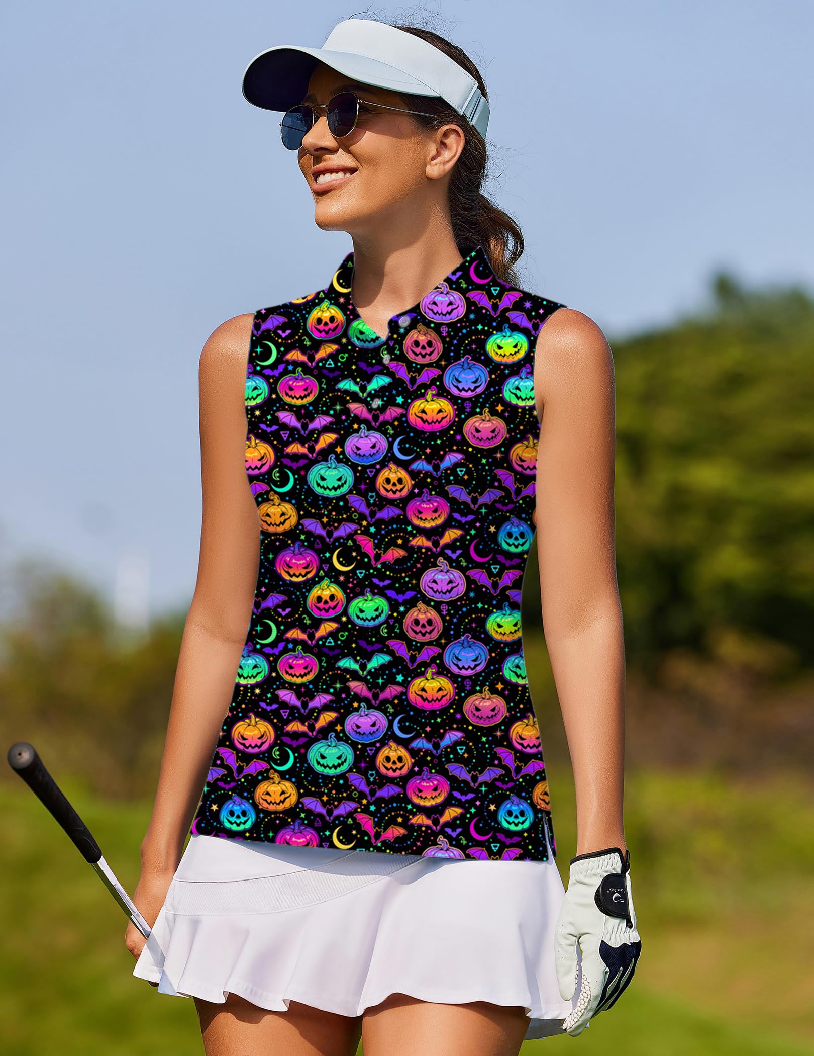 Neon Halloween Pumpkin Women's golf Sleeveless shirt