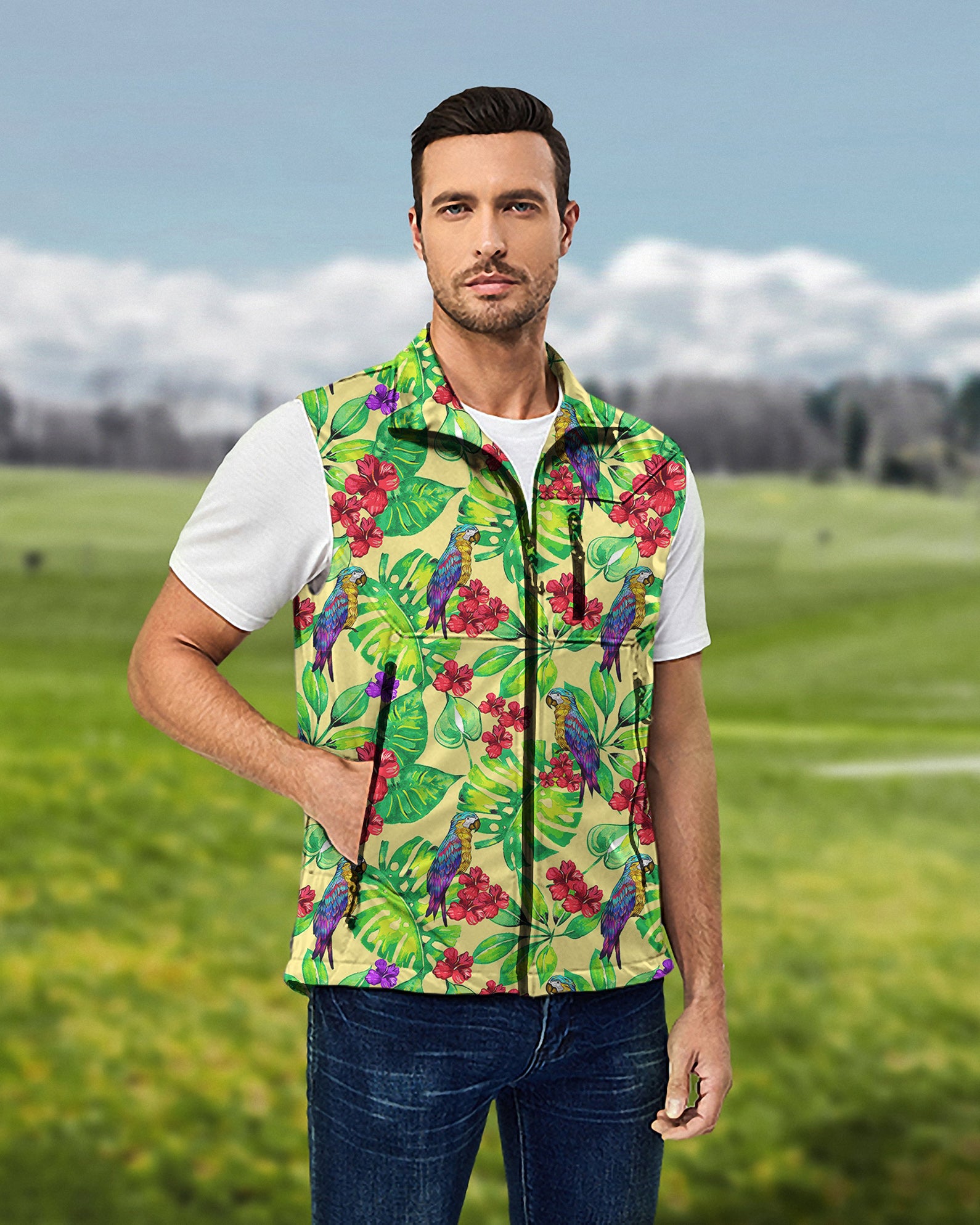 Men's Toucan tropical flowers Lightweight Softshell Vest Sleeveless Jacket for Golf Windproof Waterproof