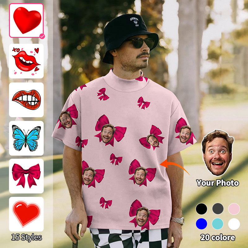 Valentine's Day Men's Custom Photo Face Custom Color Pink Love Mock Neck Long/Short Sleeve Golf Tops