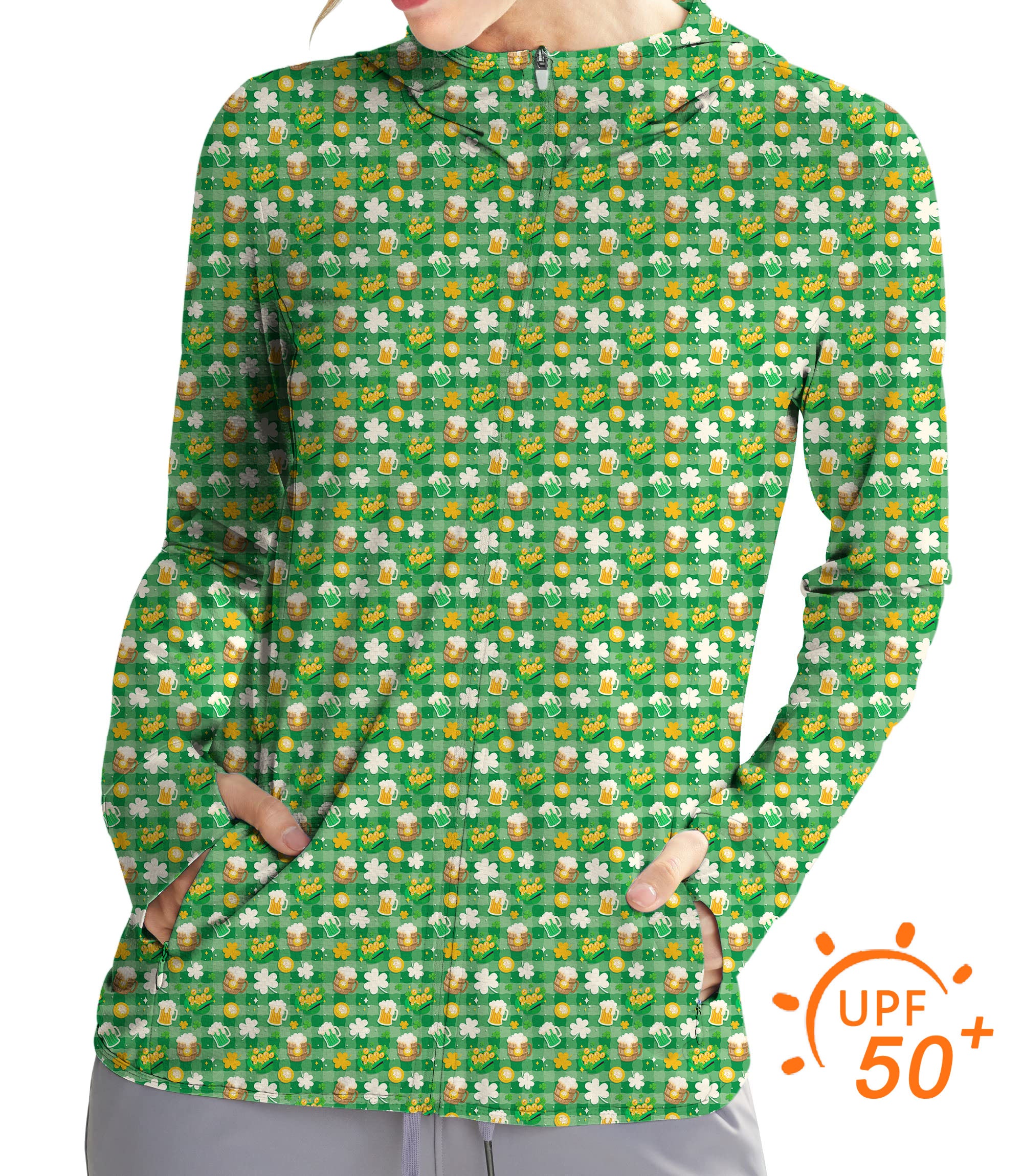 Women's Outdoor Green beer and clover leaf St. Patrick's Day Golf Sun Protection Slim Fit zip hoodies