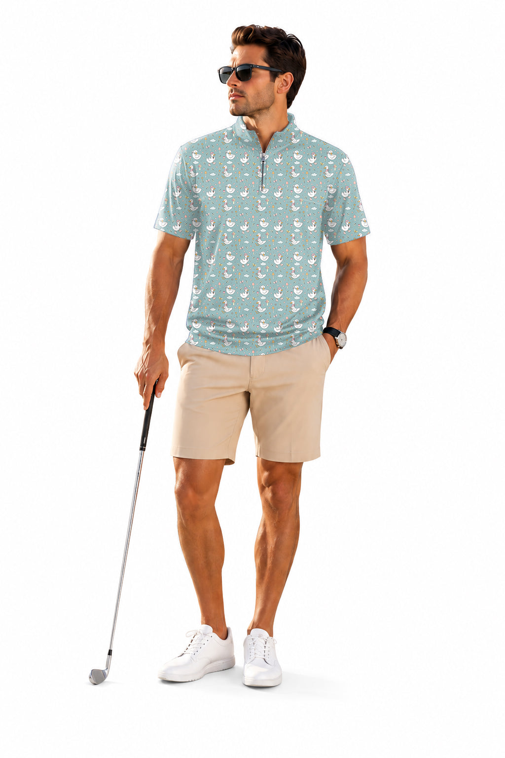 Men's Short Sleeve Quarter Zip Golf Pullover Cute Duck Floral Embroidery