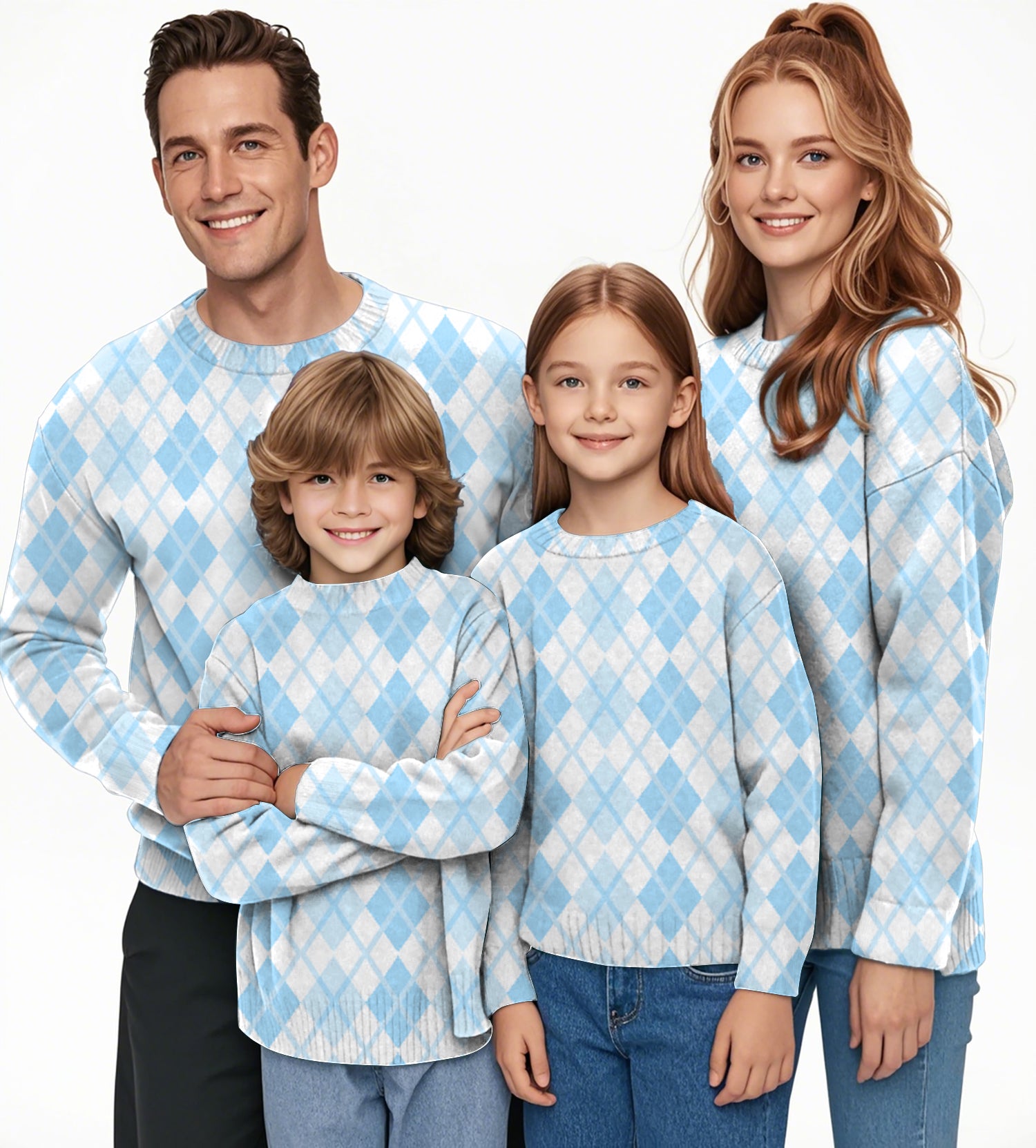 Argyle bule grid Crewneck Pullover Ugly Sweater Men Women boy girl family
