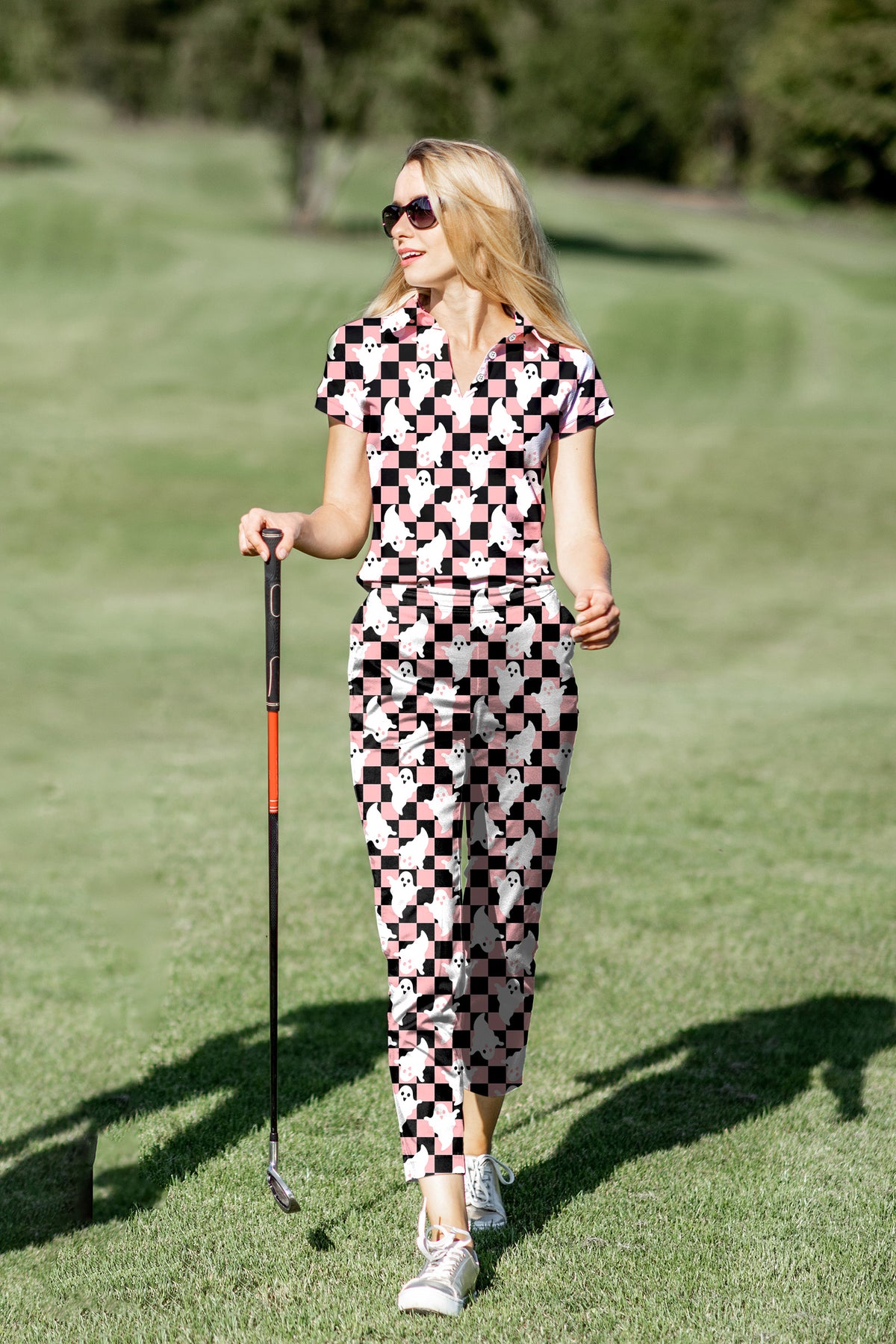 Women's Golf Polo+Pants Set Halloween Black and White Checkerboard Ghost