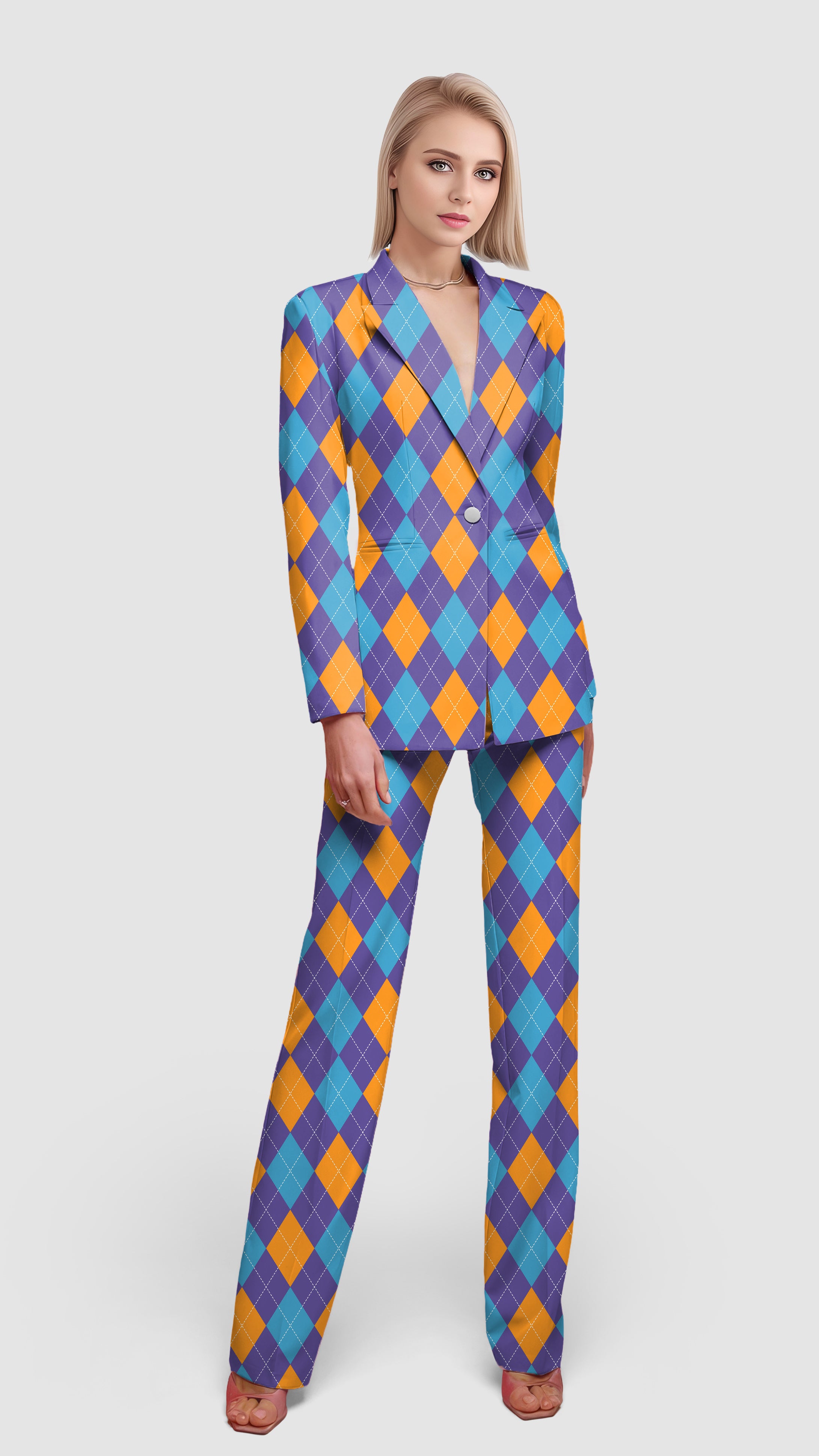 Purple orange blue Argyle-Women's Blazer Casual Work Office Blazer Suit set
