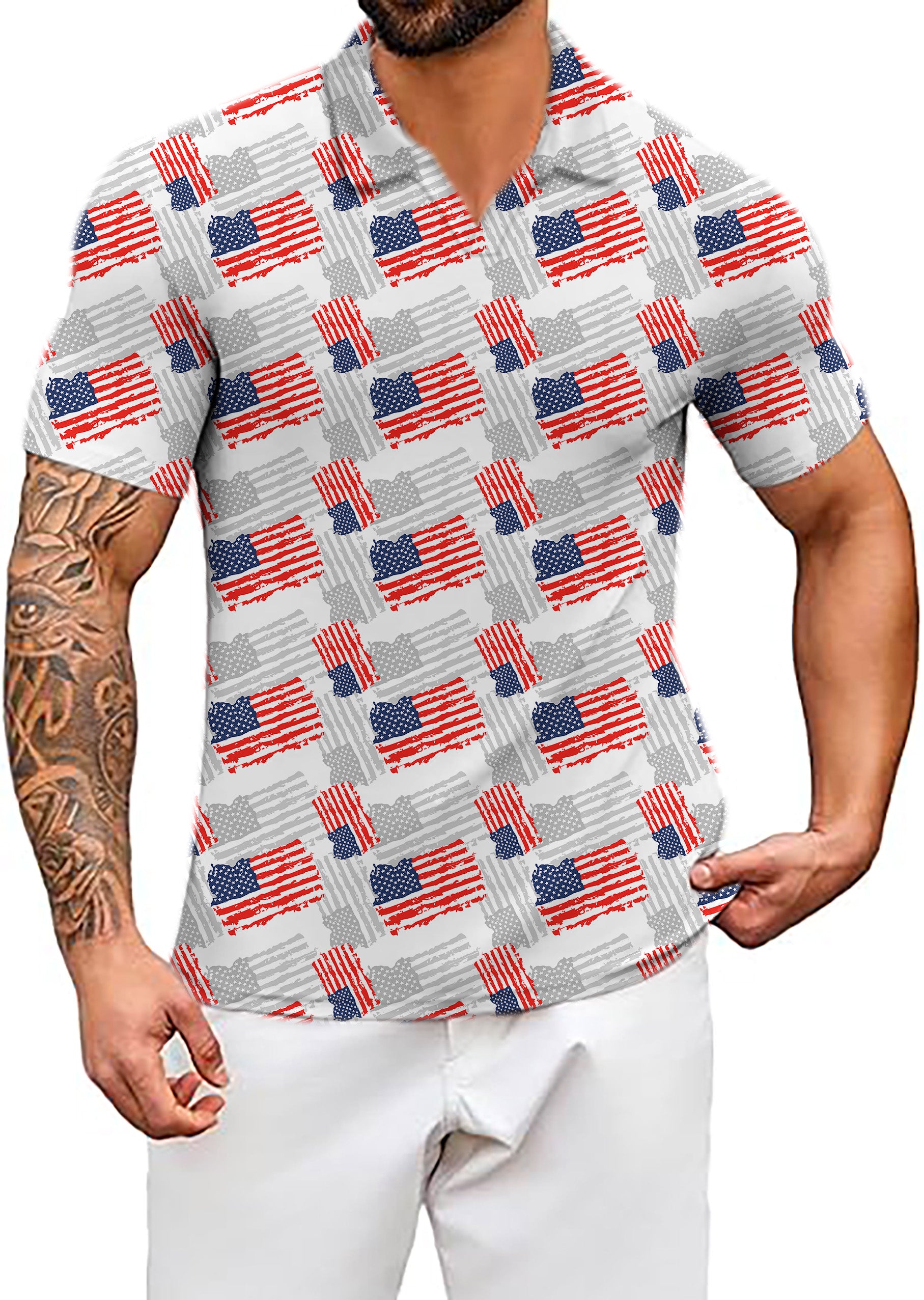 Men's American flag V Neck Golf Polo Shirts