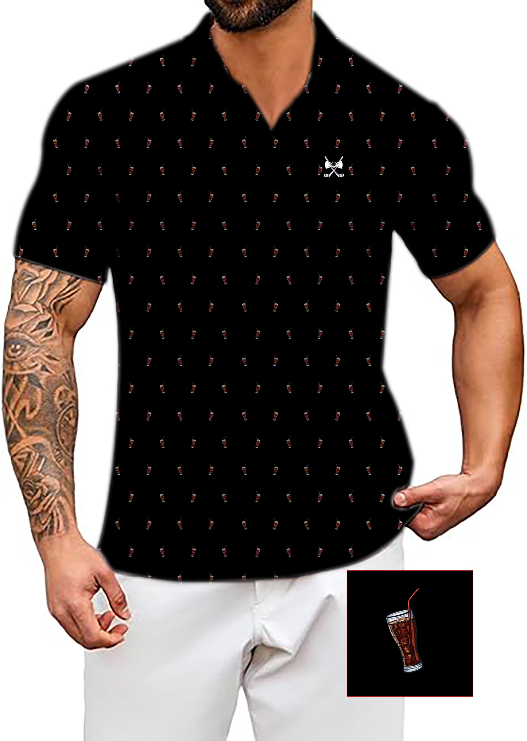 Men's Black Cola Glass Cup V Neck Golf Polo Shirts