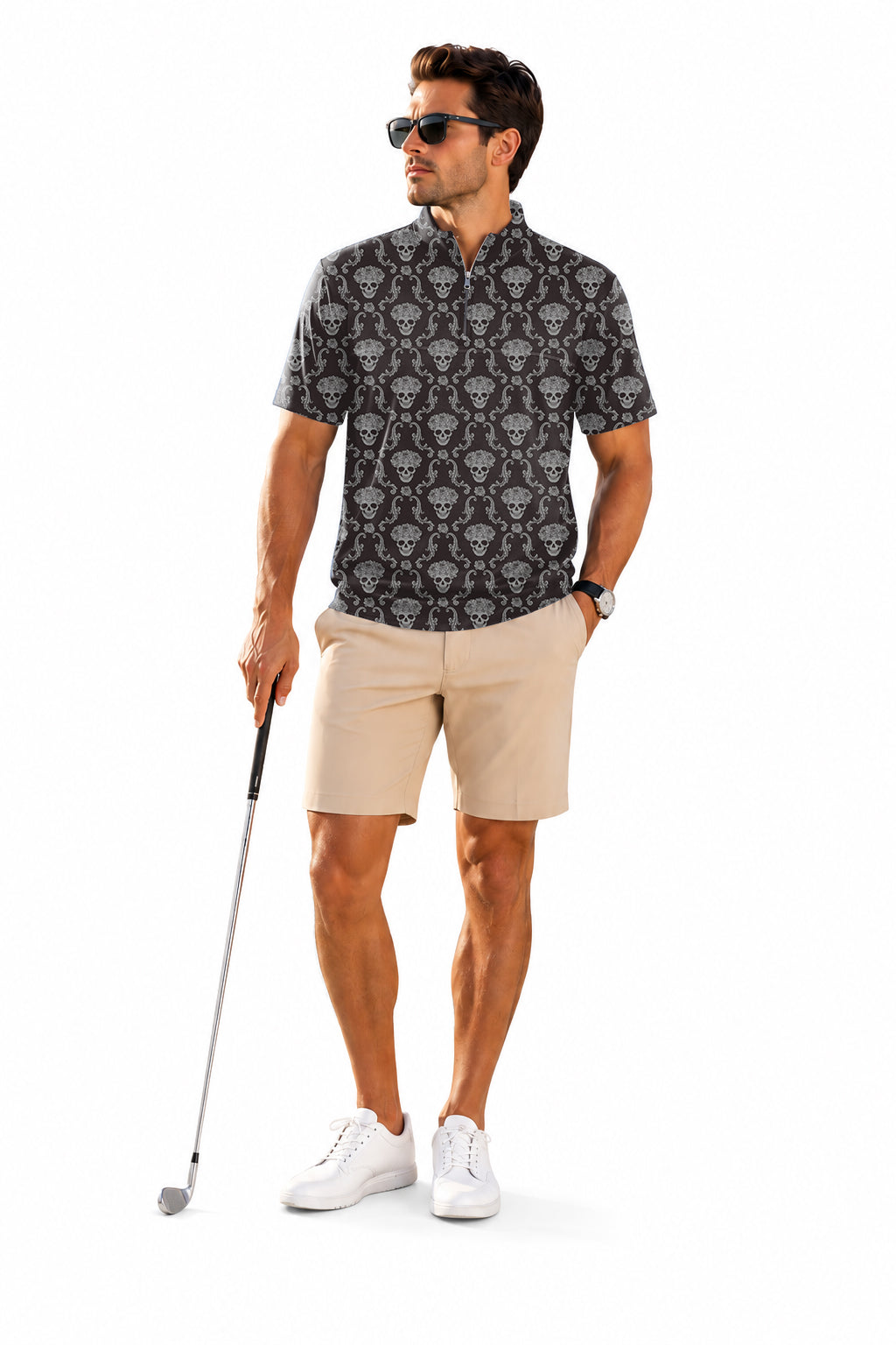 Men's Short Sleeve Quarter Zip Golf Pullover Halloween Classic Skull Embroidery