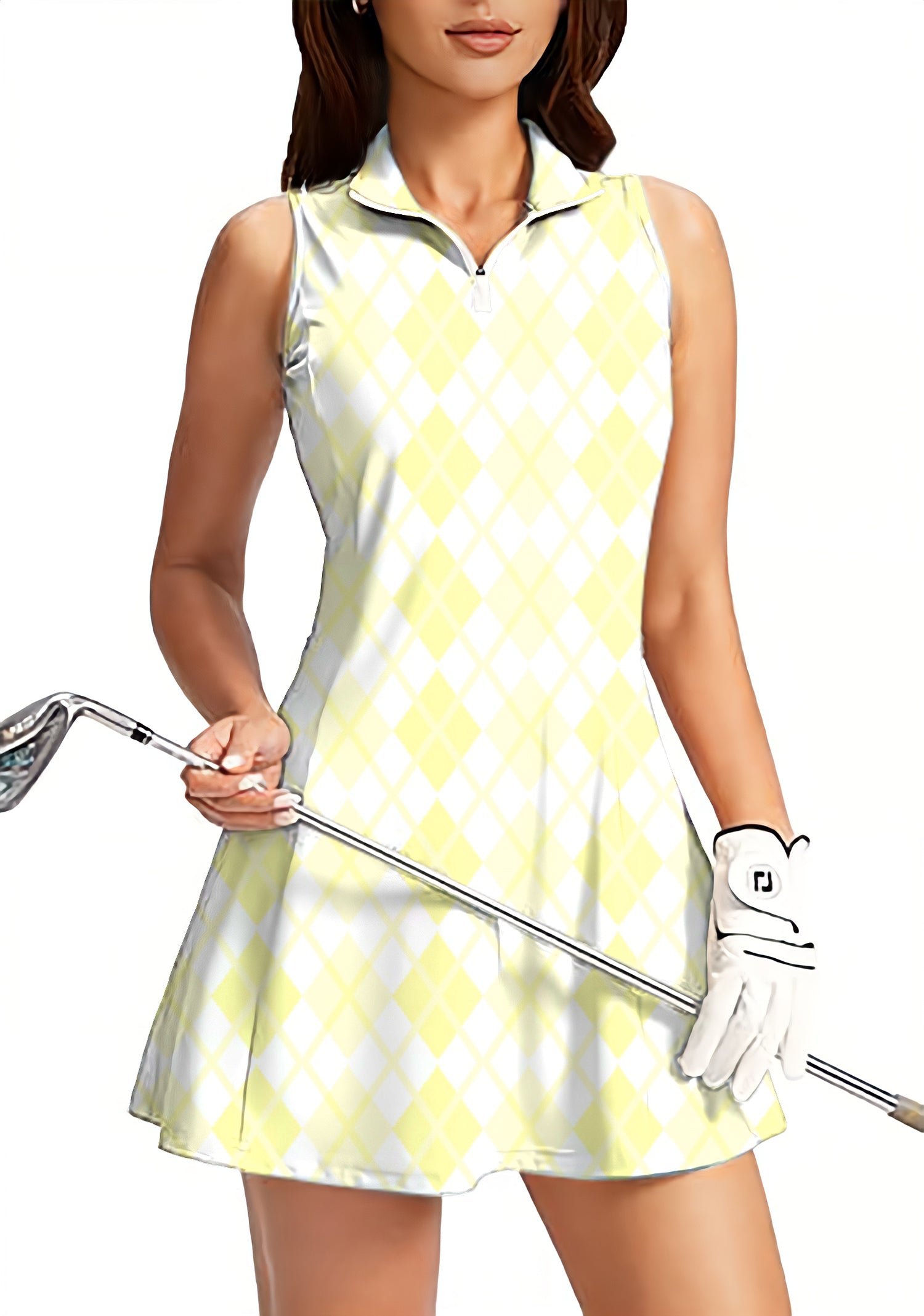 Argyle yellow grid Women's Golf Sleeveless Zipper Dresses with Built in Shorts