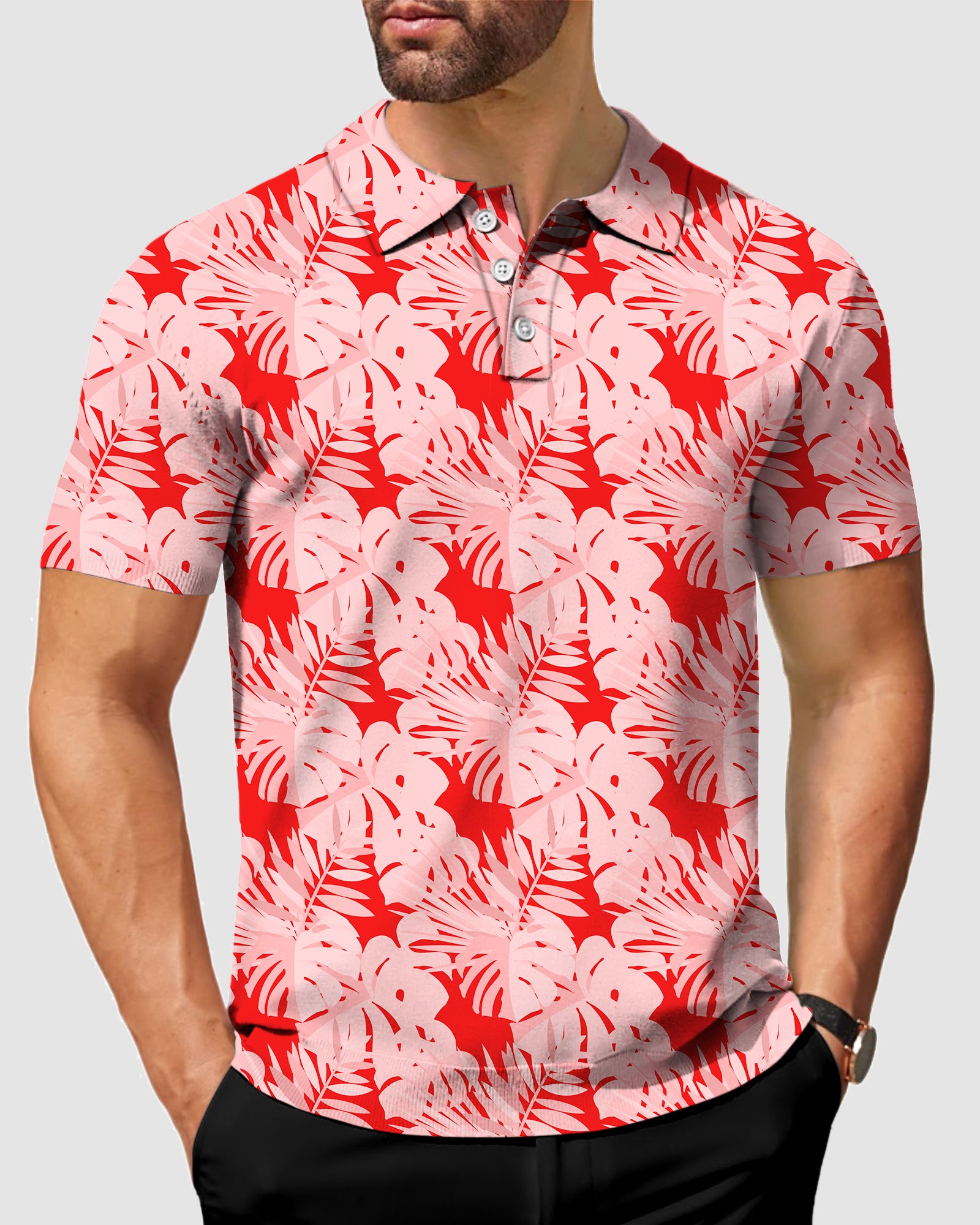 Men's red tropical leaves and plants Polo
