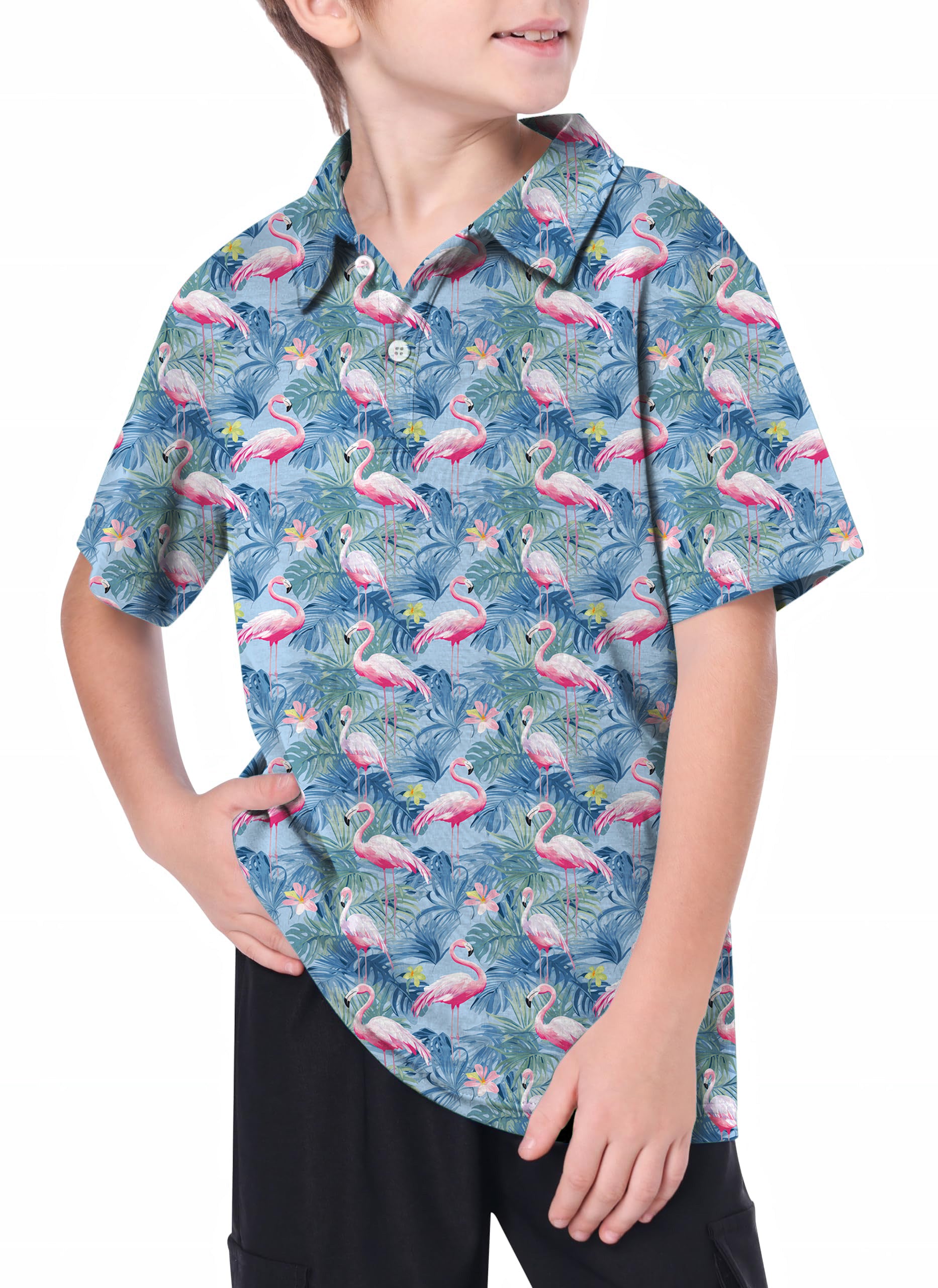 Youth Tropical Birds Pink Flamingo Golf Polo