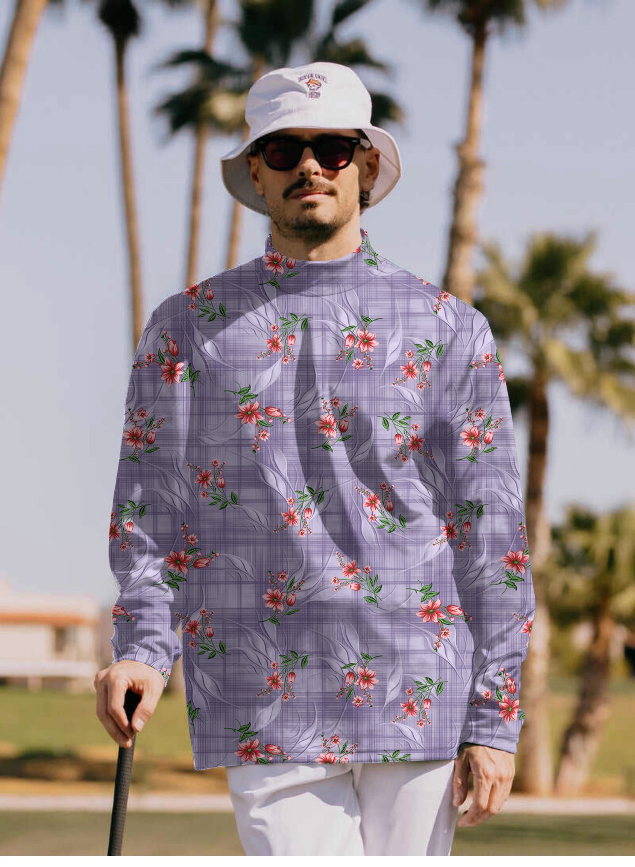 Men's Purple flower Pullover High neck Long/Short sleeve T-Shirt