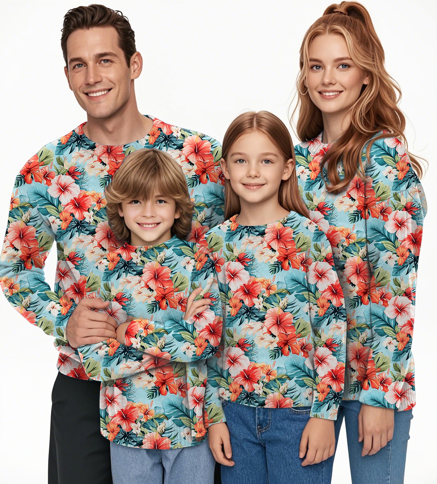 Hawaiian Flowers Crewneck Pullover Ugly Sweater Men Women boy girl family