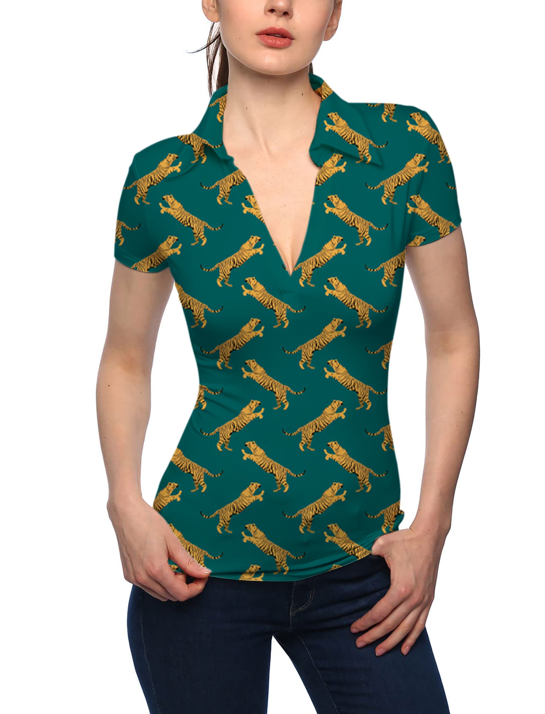 Women's green tiger V Neck Golf Polo