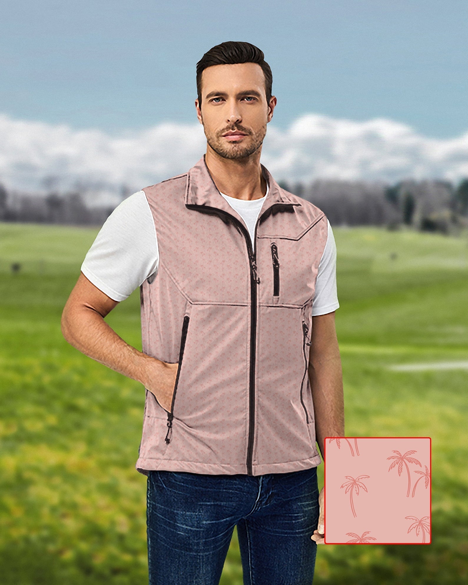 Men's pink coconut trees sleeveless softshell vest, windproof and waterproof golf jacket