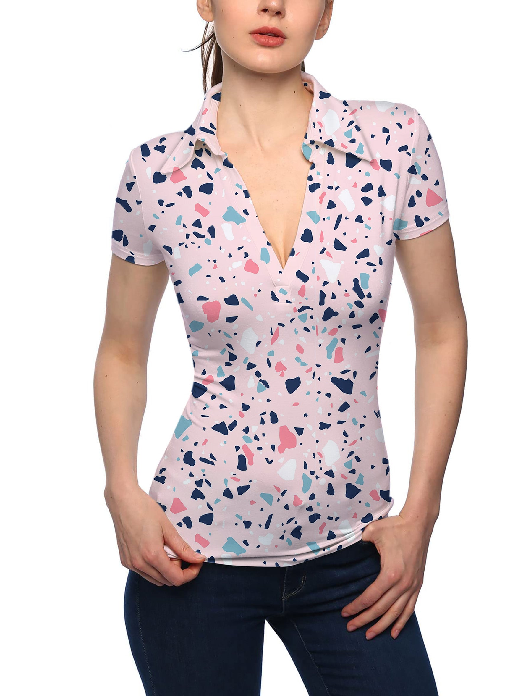 Women's Pink Paint Splatter V Neck Golf Polo