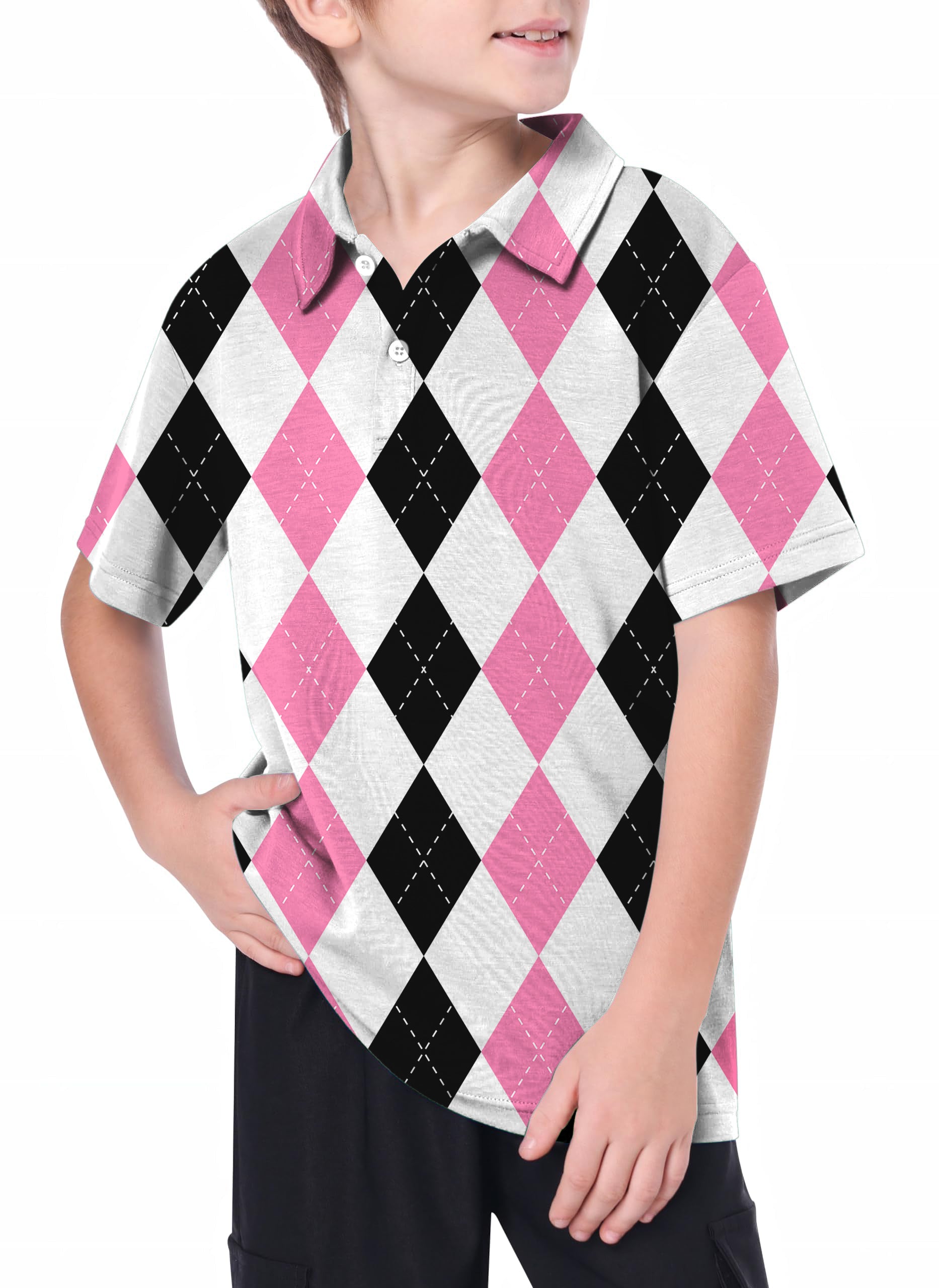 Youth pink black argyle Golf Polo
