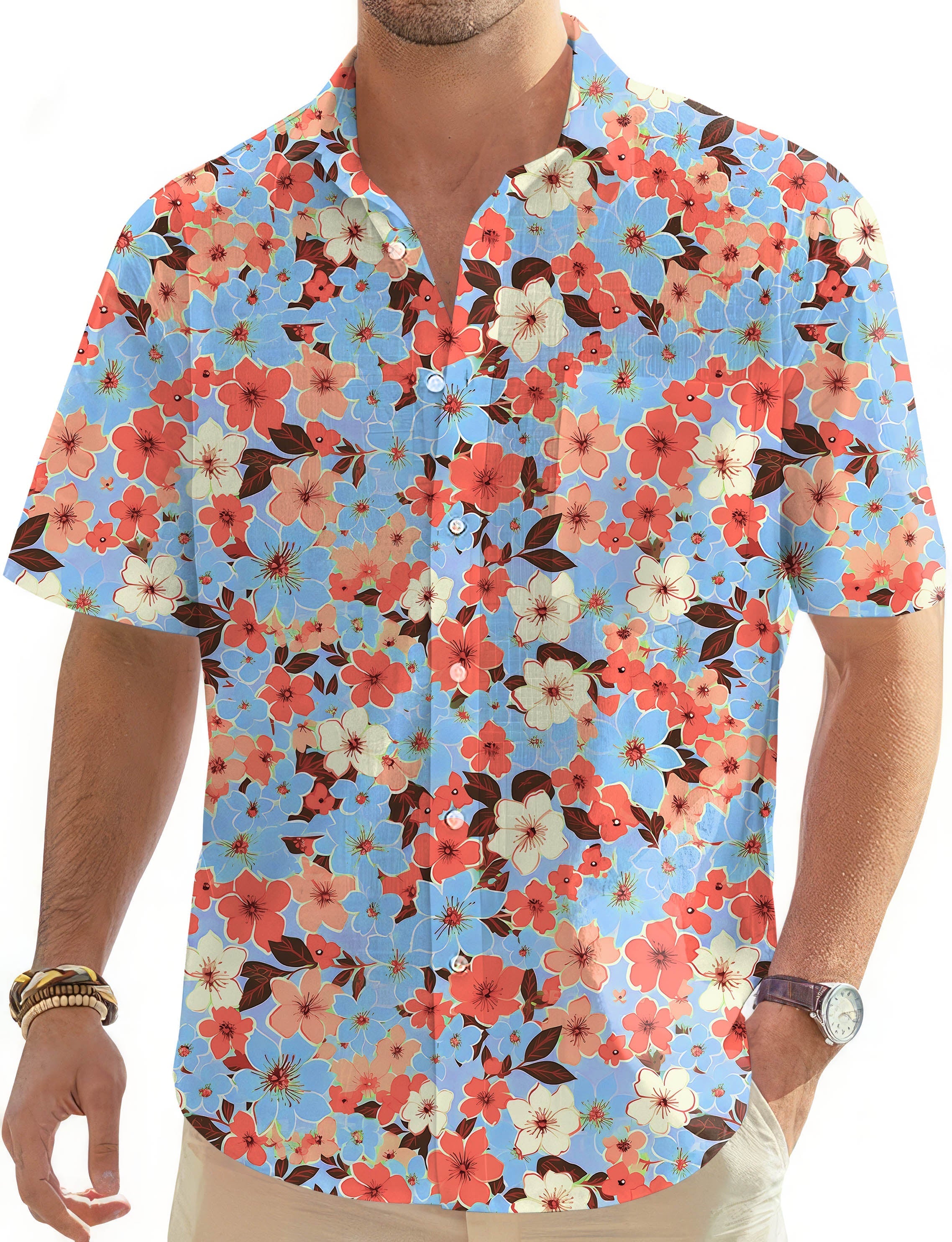 Light Tropical flowers Men's Golf Hawaiian Shirts Button Down Shirt